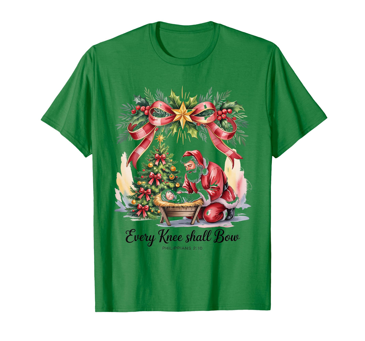 Vintage Every Knee Shall Bow Santa Clause Religious Xmas T-Shirt