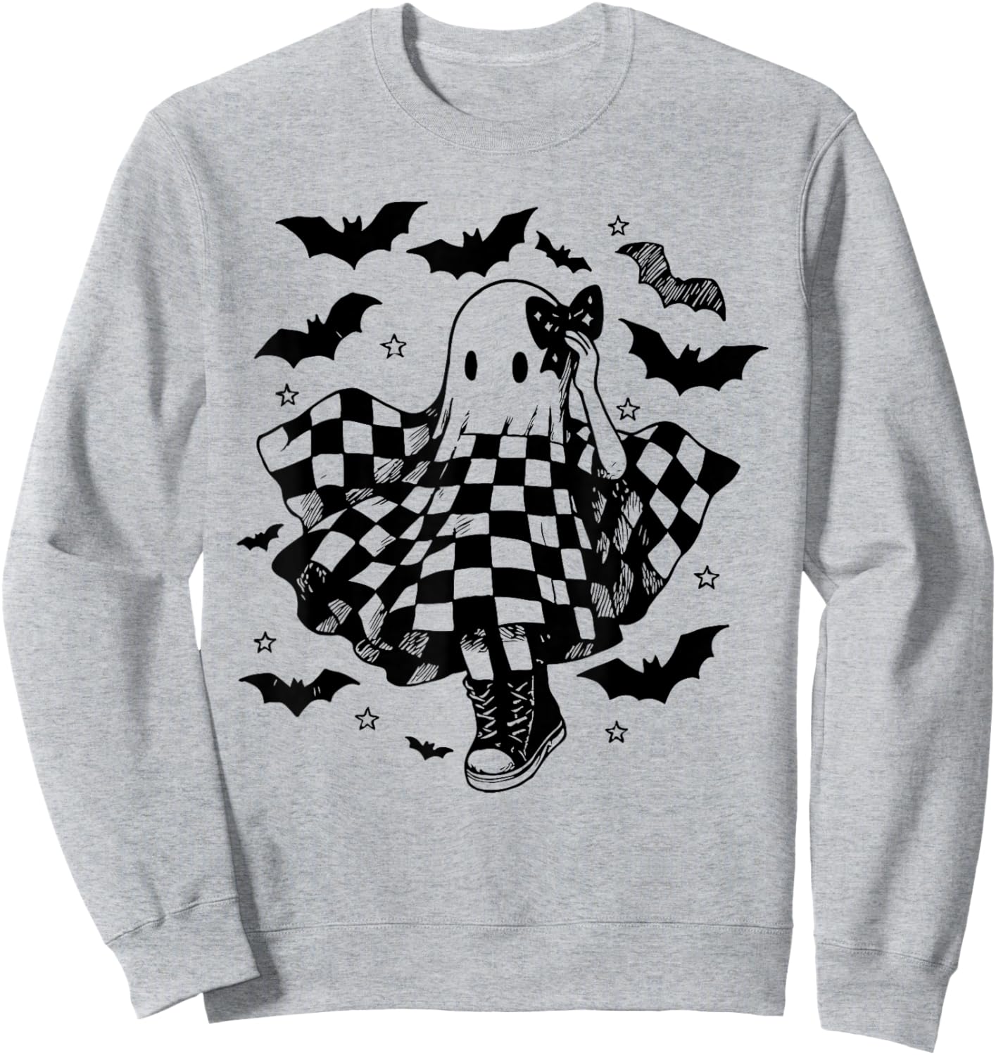 Retro Halloween Checkered Ghost Dance Coquette Bow Sweatshirt - Sweatshirt | Ash
