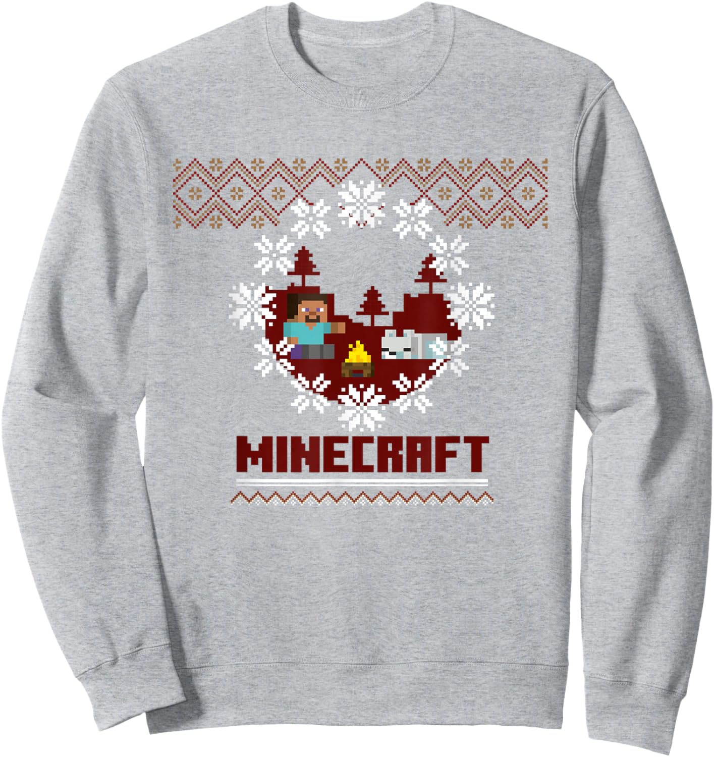 Minecraft Pixel Steve and Wolf Winter Christmas Scene Sweatshirt - Sweatshirt | Ash