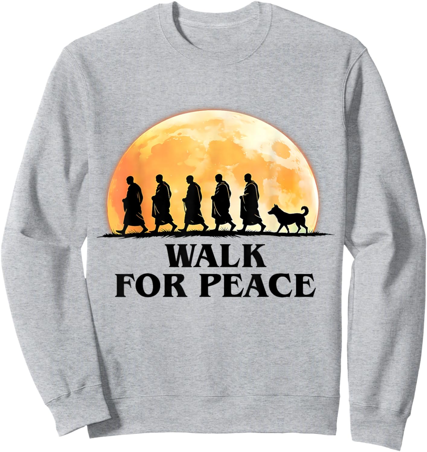 Retro Peace Walking Monks & Dog Minimalist Zen Art Graphic Sweatshirt - Sweatshirt | Ash