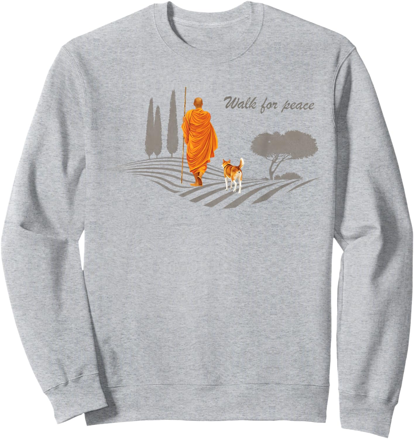 Retro Peace Walking Monks & Dog Minimalist Zen Art Sweatshirt - Sweatshirt | Ash