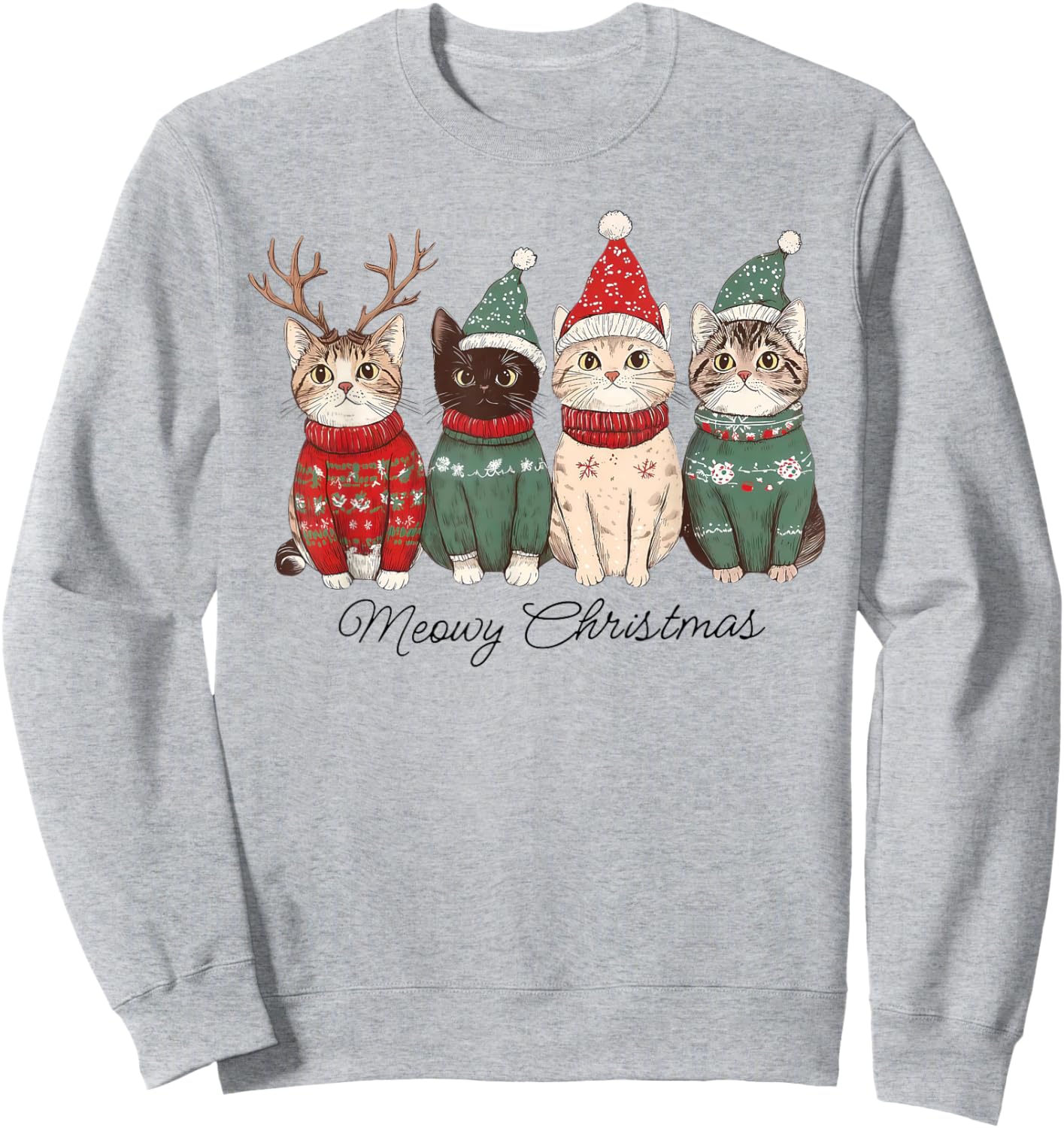 Meowy Catmas Cat Christmas Lights Xmas Pajamas Cat Lover Sweatshirt - Sweatshirt | Ash