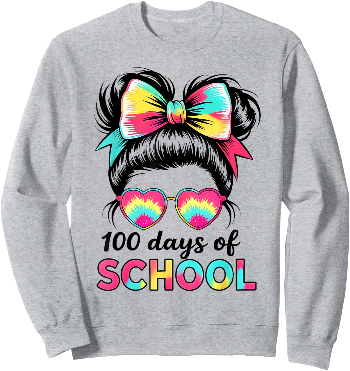 100 Days of School Girls Kids Messy Bun 100th Day of School Sweatshirt - Sweatshirt | Ash