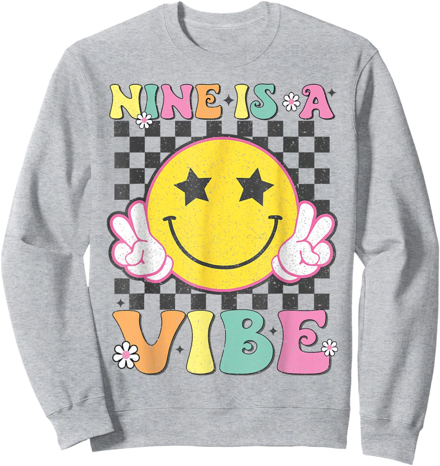 Nine is A Vibe 9th Birthday Groovy Smile Face 9 Years Old Sweatshirt - Sweatshirt | Ash