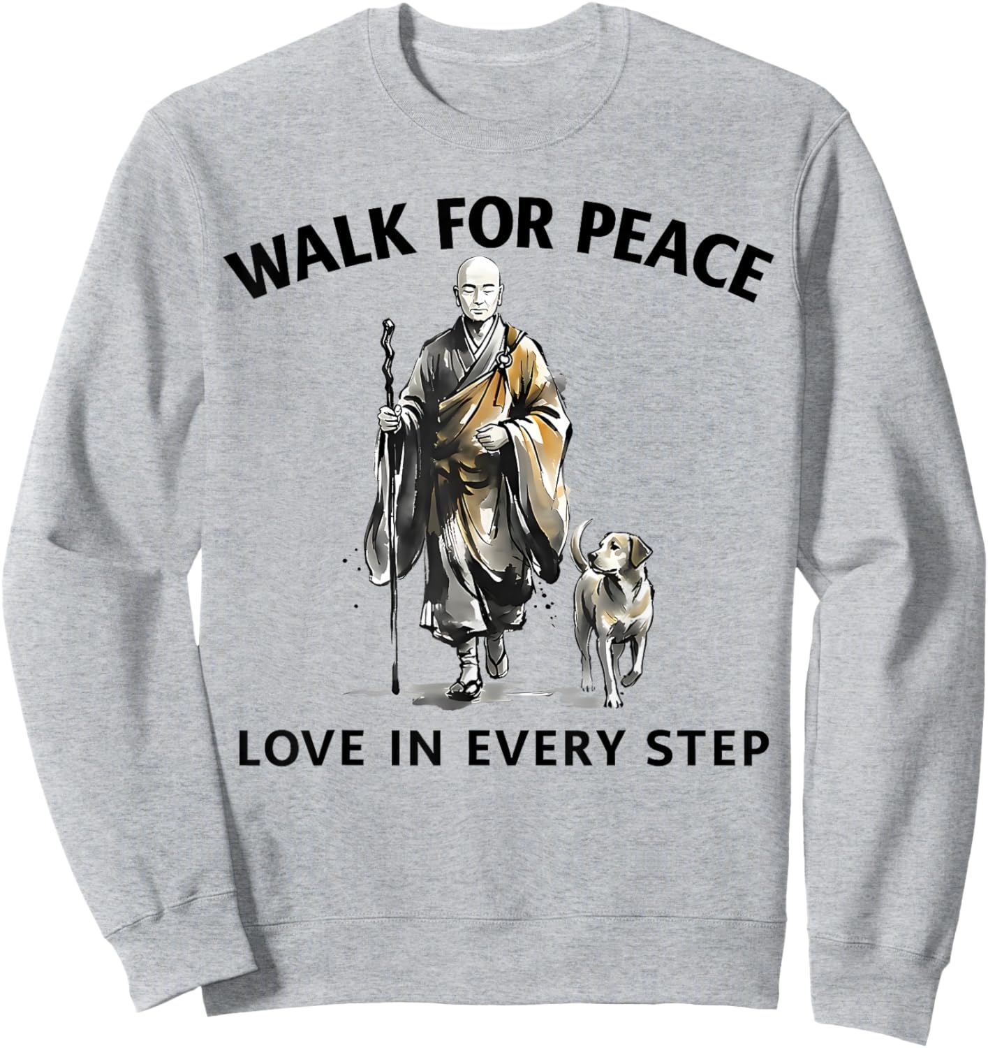 Retro Peace Walking Monks & Dog Minimalist Zen Art Sweatshirt - Sweatshirt | Ash