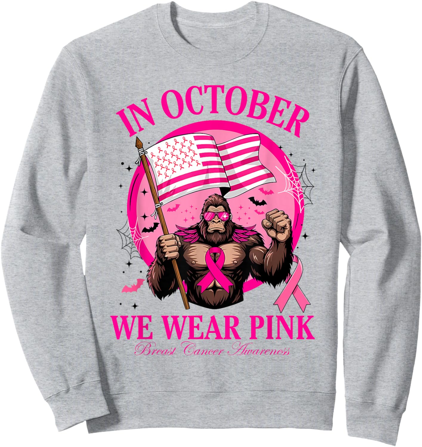 Bigfoot Pink Ribbon Breast Cancer Awareness Month Women Men Sweatshirt - Sweatshirt | Ash