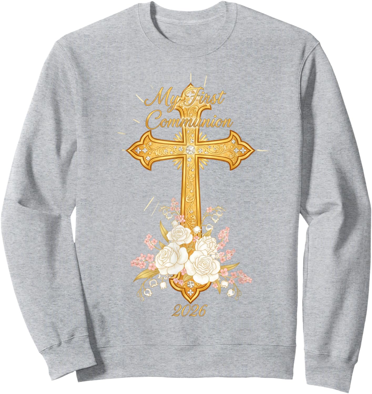 My First Communion 2026 Floral Cross Catholic Girls Sweatshirt - Sweatshirt | Ash