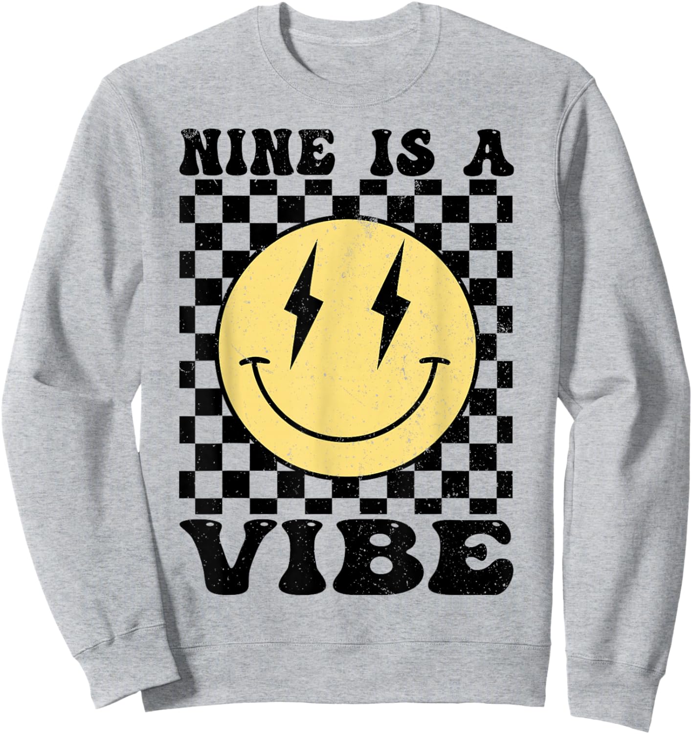 Nine is A Vibe 9 Years Old Birthday Happy Face 9th Birthday Sweatshirt - Sweatshirt | Ash