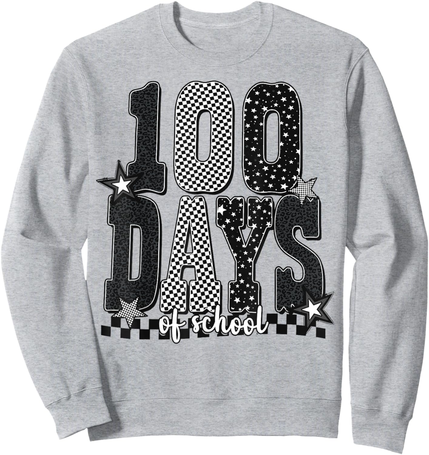 Black White Checkered Leopard 100 Days of School Stars Sweatshirt - Sweatshirt | Ash