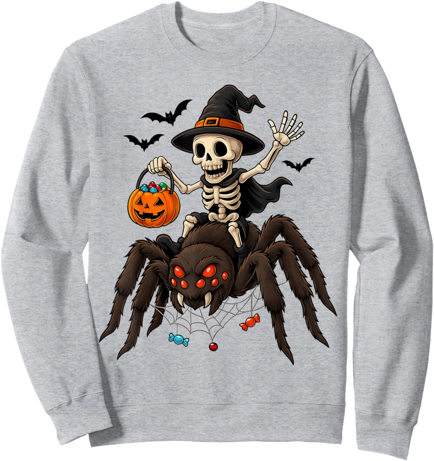 Skeleton Riding Spider Funny Halloween Costume Men Women Kid Sweatshirt - Sweatshirt | Ash
