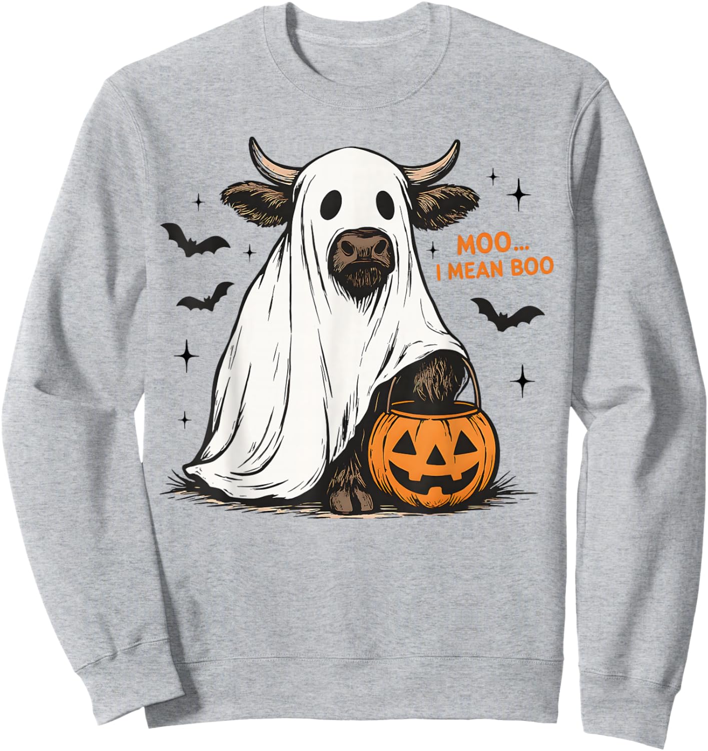Moo I Mean Boo Funny Highland Cow Ghost Halloween Farmer Sweatshirt - Sweatshirt | Ash