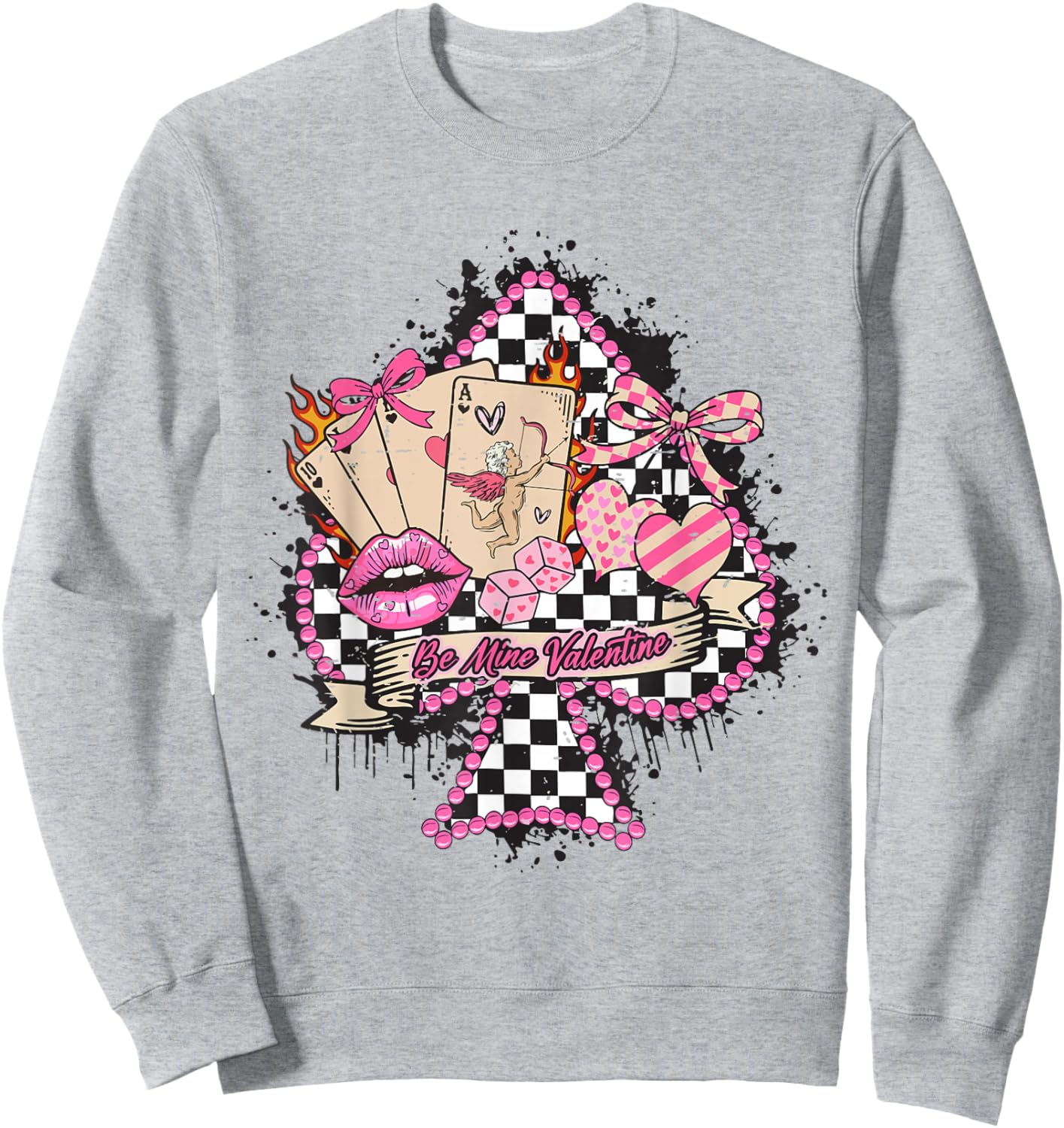 Retro Checkered Western Be Mine Valentine Cherry Bow Cupid Sweatshirt - Sweatshirt | Ash