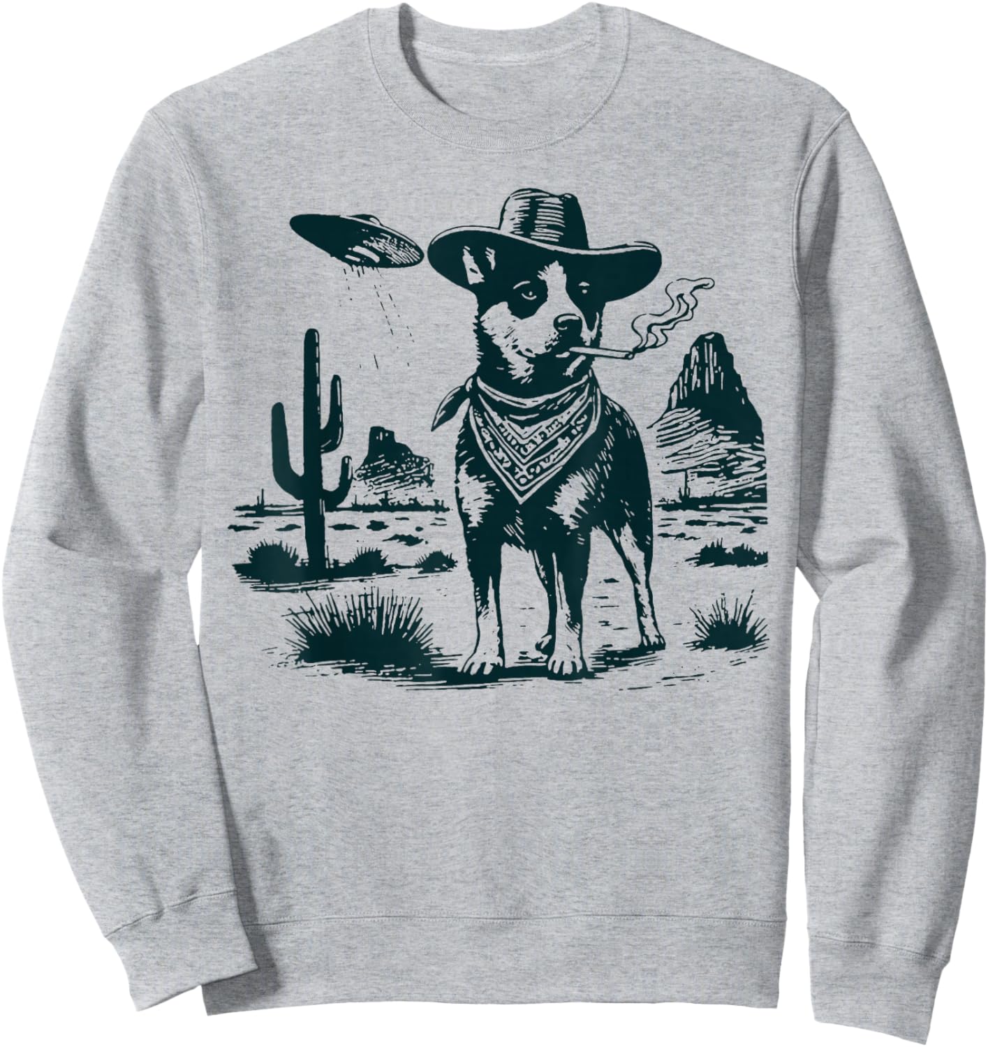 Australian Cattle Dog Smoking with UFO Western Cowboy Dog Sweatshirt - Sweatshirt | Ash