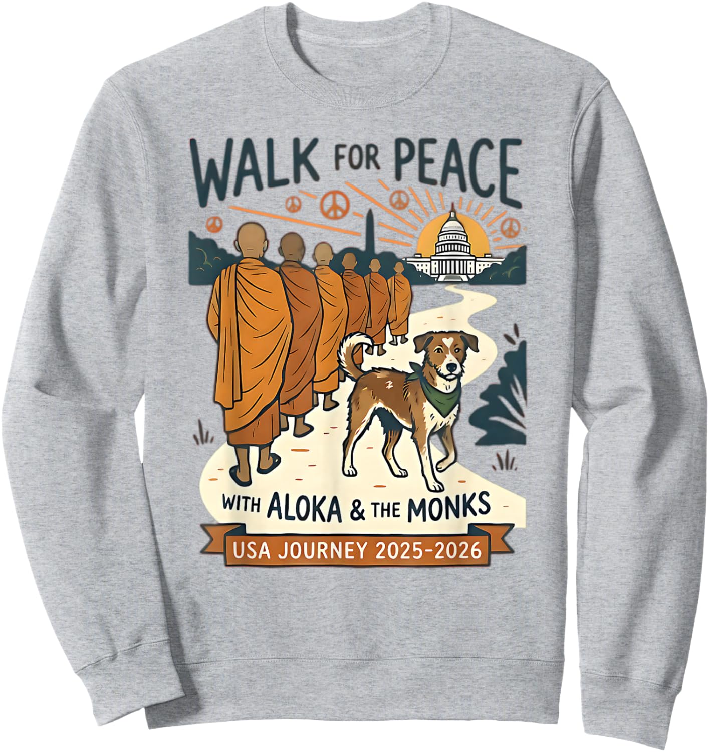 Walk for Peace Monks Dog USA Journey 2025-2026 Vintage Zen Sweatshirt - Sweatshirt | Ash