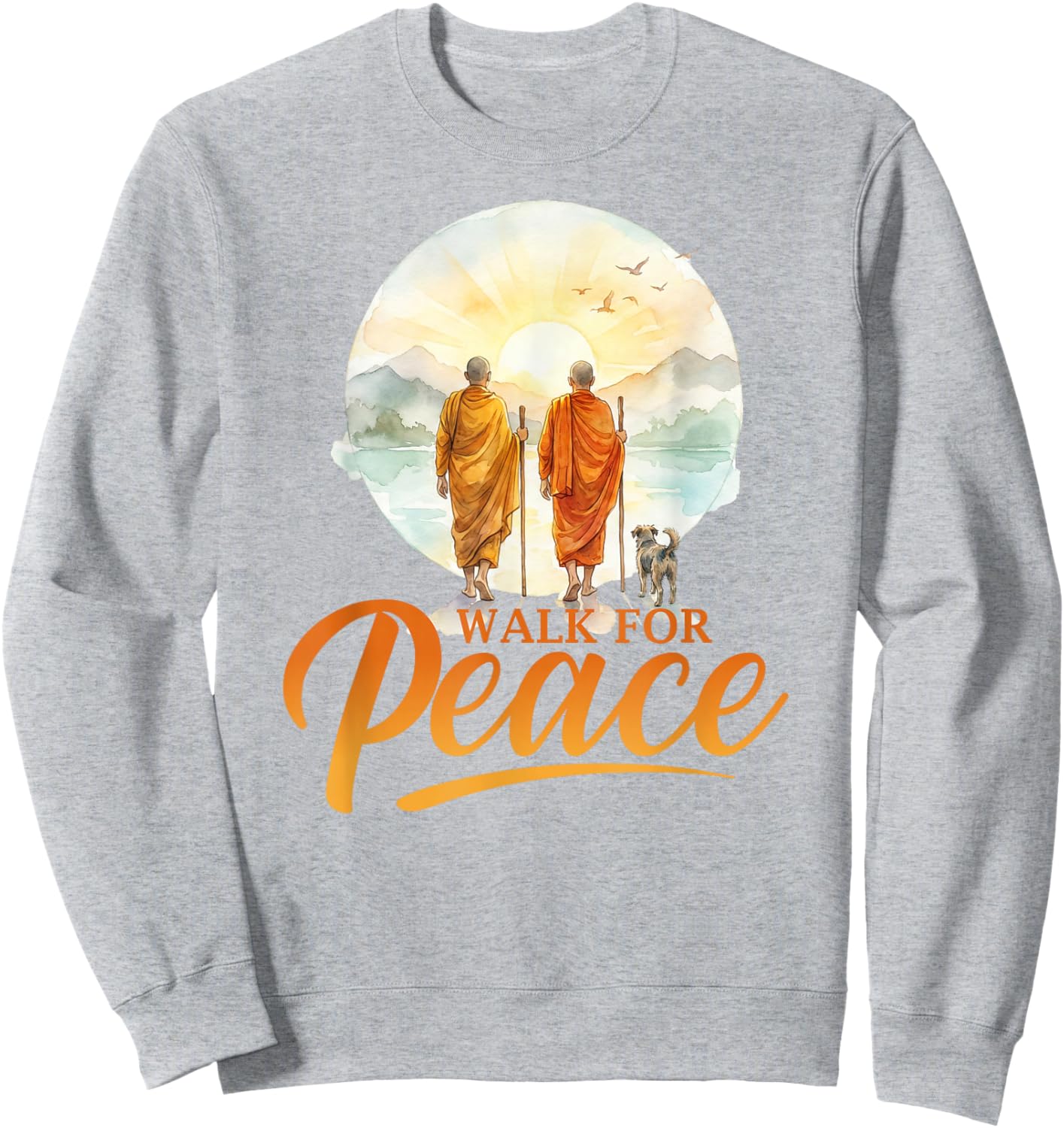 Walk for Peace Monks with Aloka Dog Minimalist Zen Art Sweatshirt - Sweatshirt | Ash