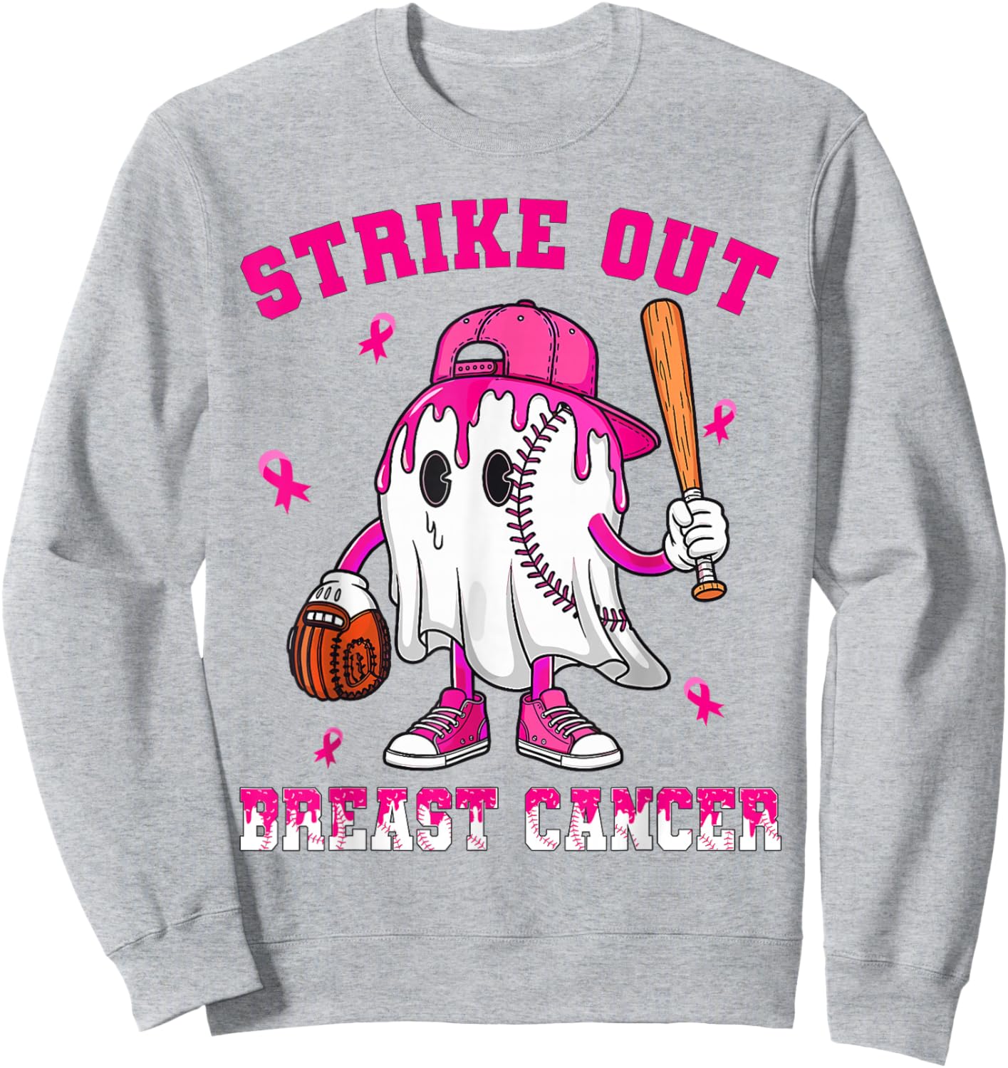 Strike Out Breast Cancer Shirt Boy Baseball Drip Pink Ribbon Sweatshirt - Sweatshirt | Ash