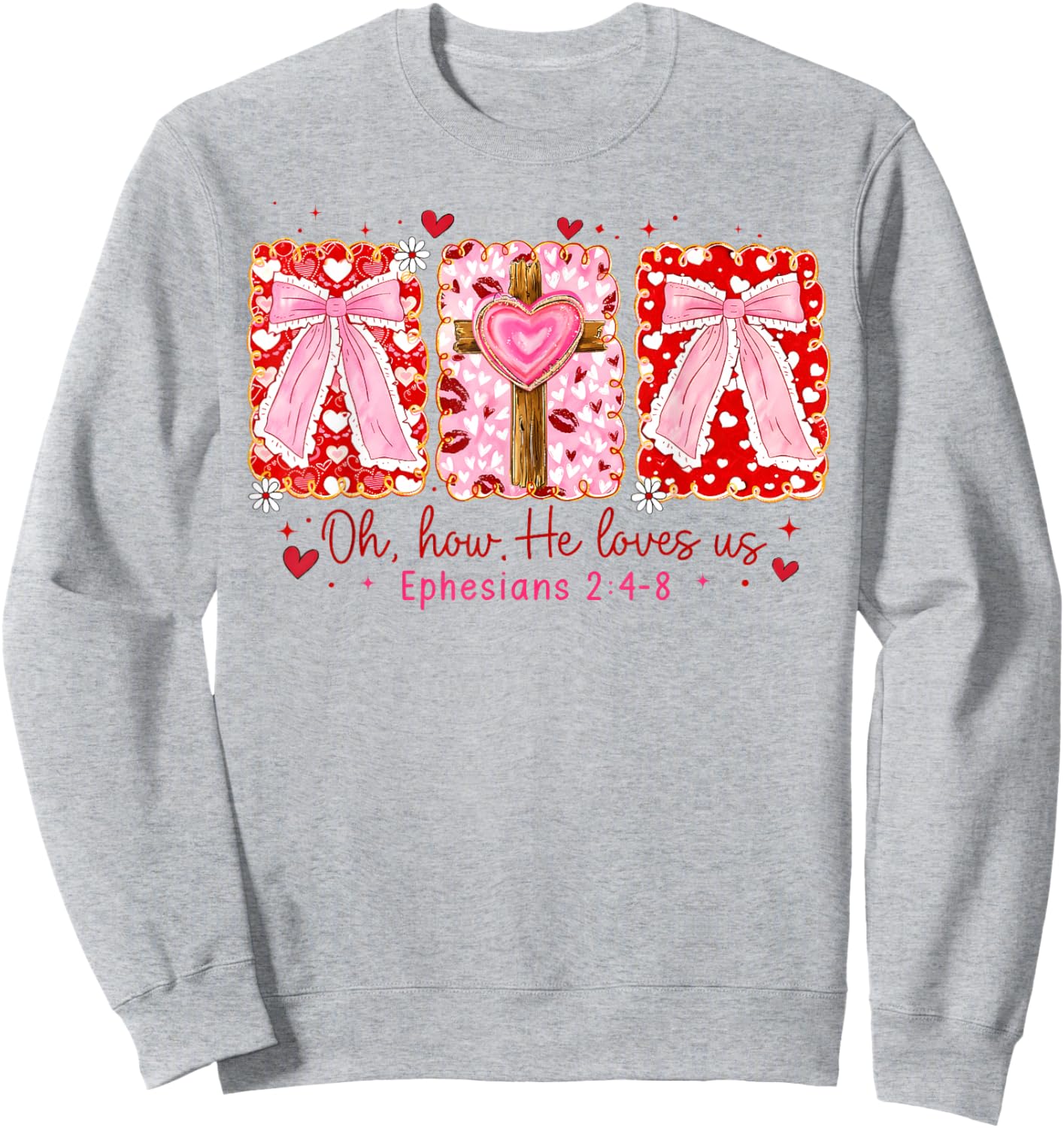 Preppy Christian Valentine Oh How He Loves Us Coquette Bow Sweatshirt - Sweatshirt | Ash