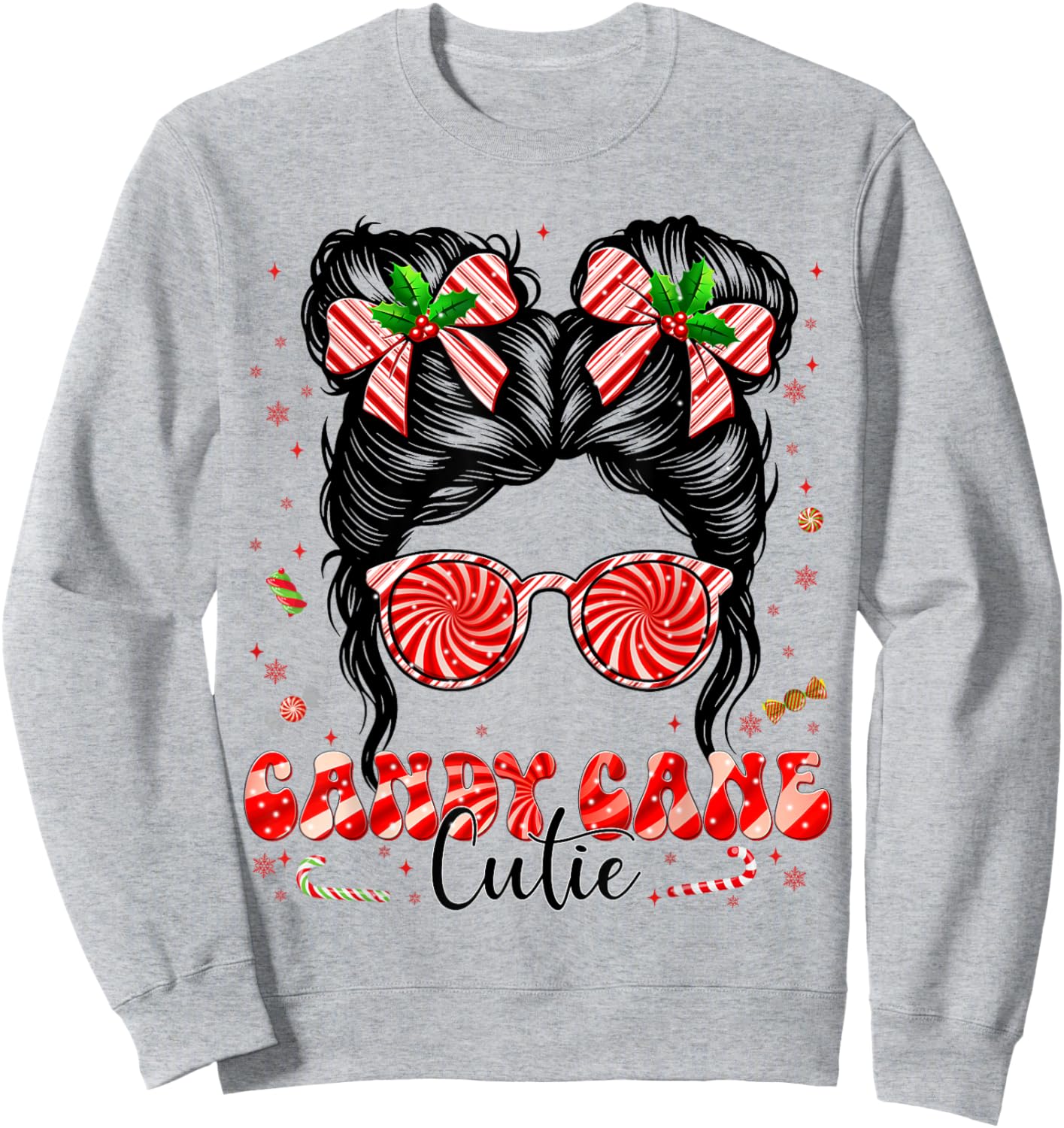 Coquette Messy Bun Candy Cane Cutie Pajamas Christmas Girl Sweatshirt - Sweatshirt | Ash