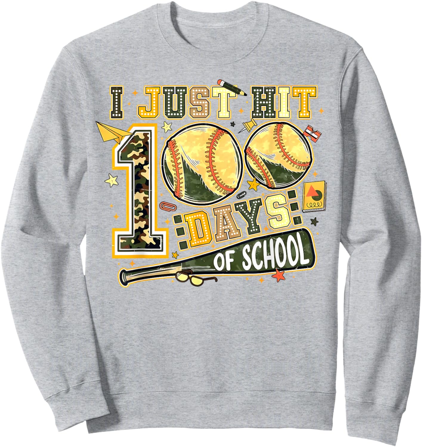 Happy 100 Days of School Baseball Camo 100th Day of School Sweatshirt - Sweatshirt | Ash