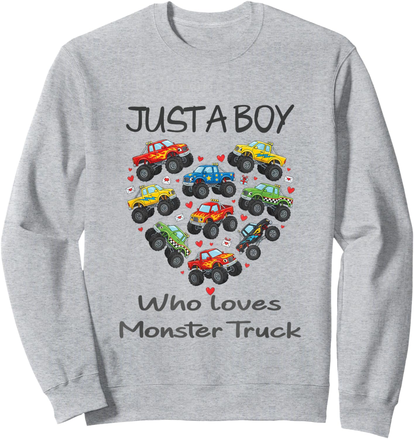 Valentines Day Boys Kids Toddler Monster Truck Hearts Sweatshirt - Sweatshirt | Ash