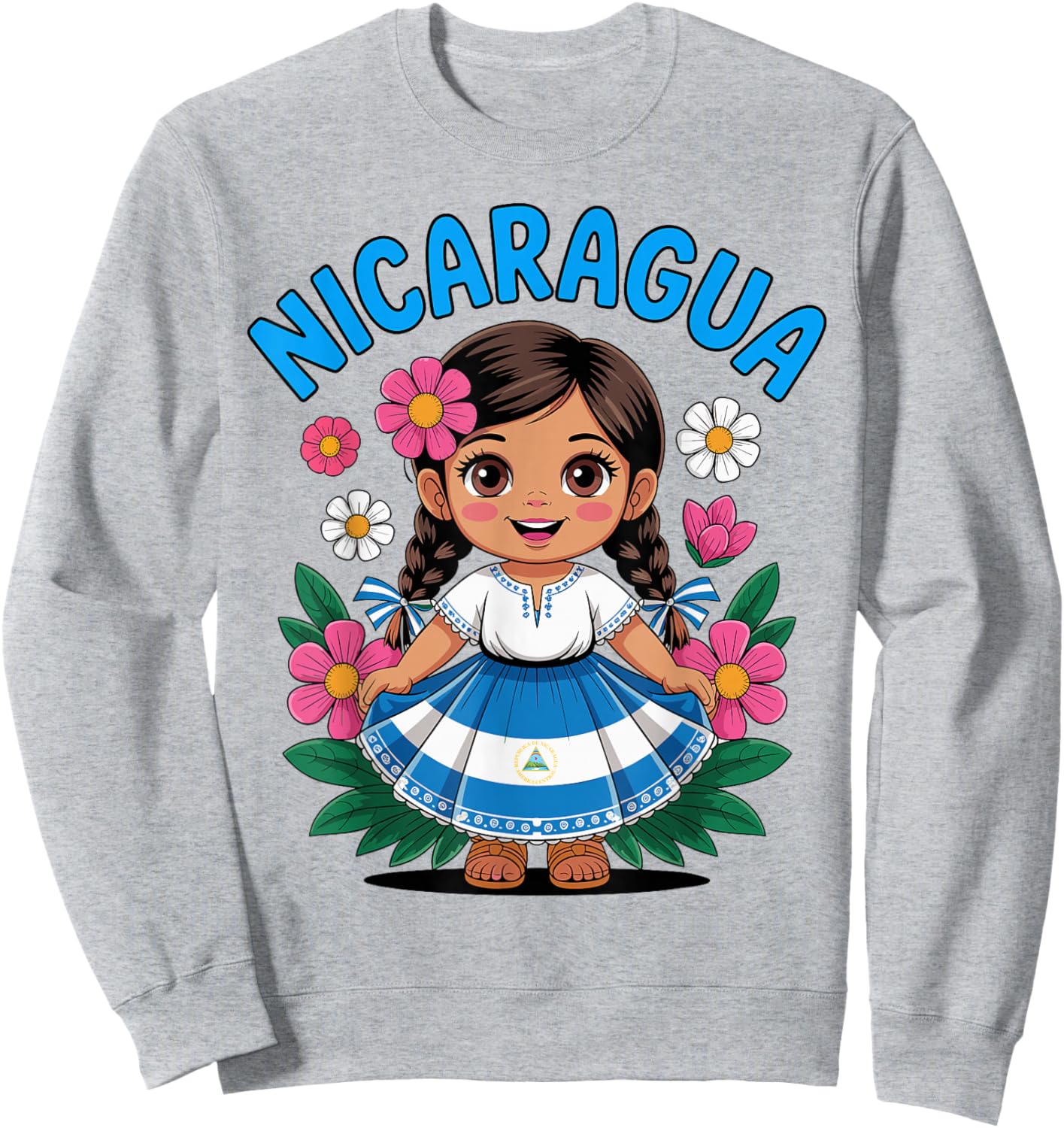 Cute Nicaragua Girl Traditional Dress with Flag Art for Kids Sweatshirt - Sweatshirt | Ash
