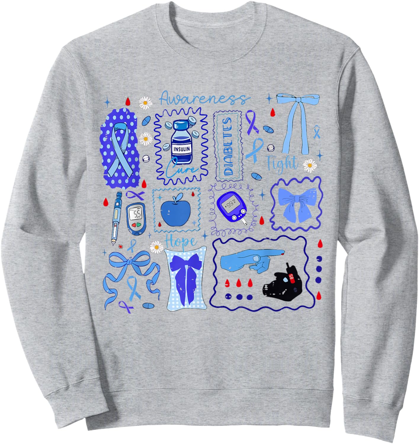 Blue Ribbon Type 1 Diabetes Awareness T1D Warrior Support Sweatshirt - Sweatshirt | Ash