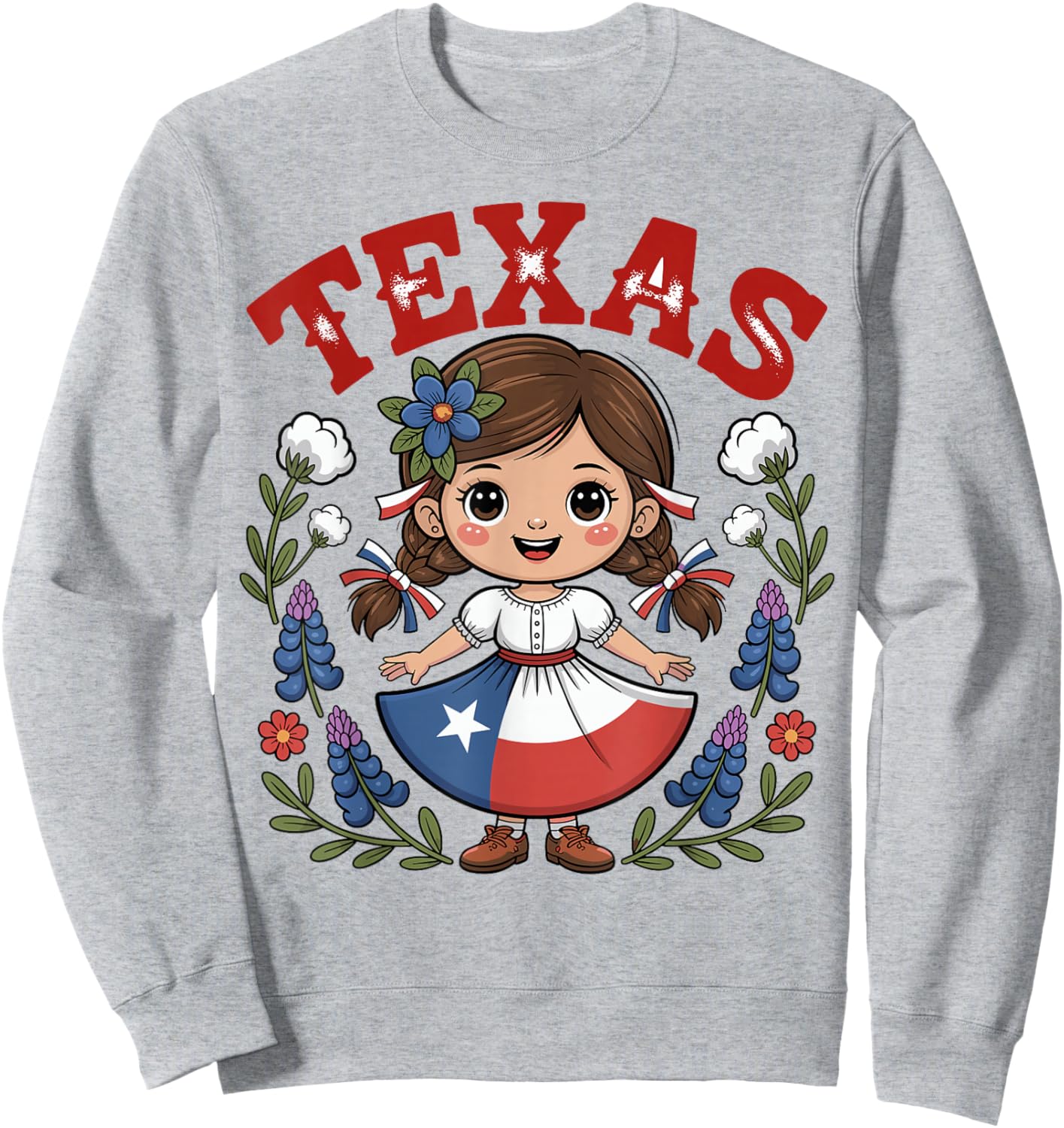Cute Texas Little Girl in Flag Dress with Bluebonnets Kids Sweatshirt - Sweatshirt | Ash