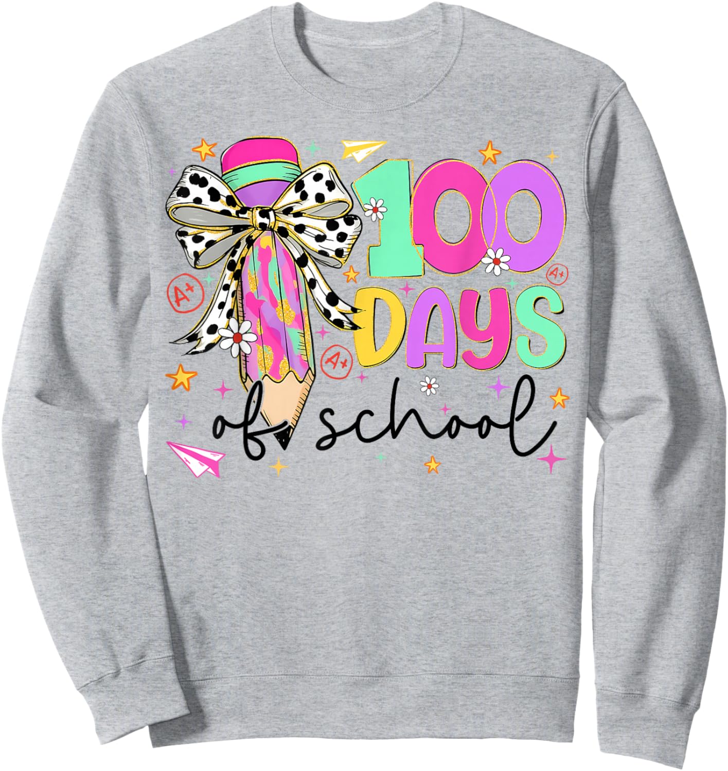 Pencil Coquette Bow Women Girl 100th Day of School 100 Days Sweatshirt - Sweatshirt | Ash