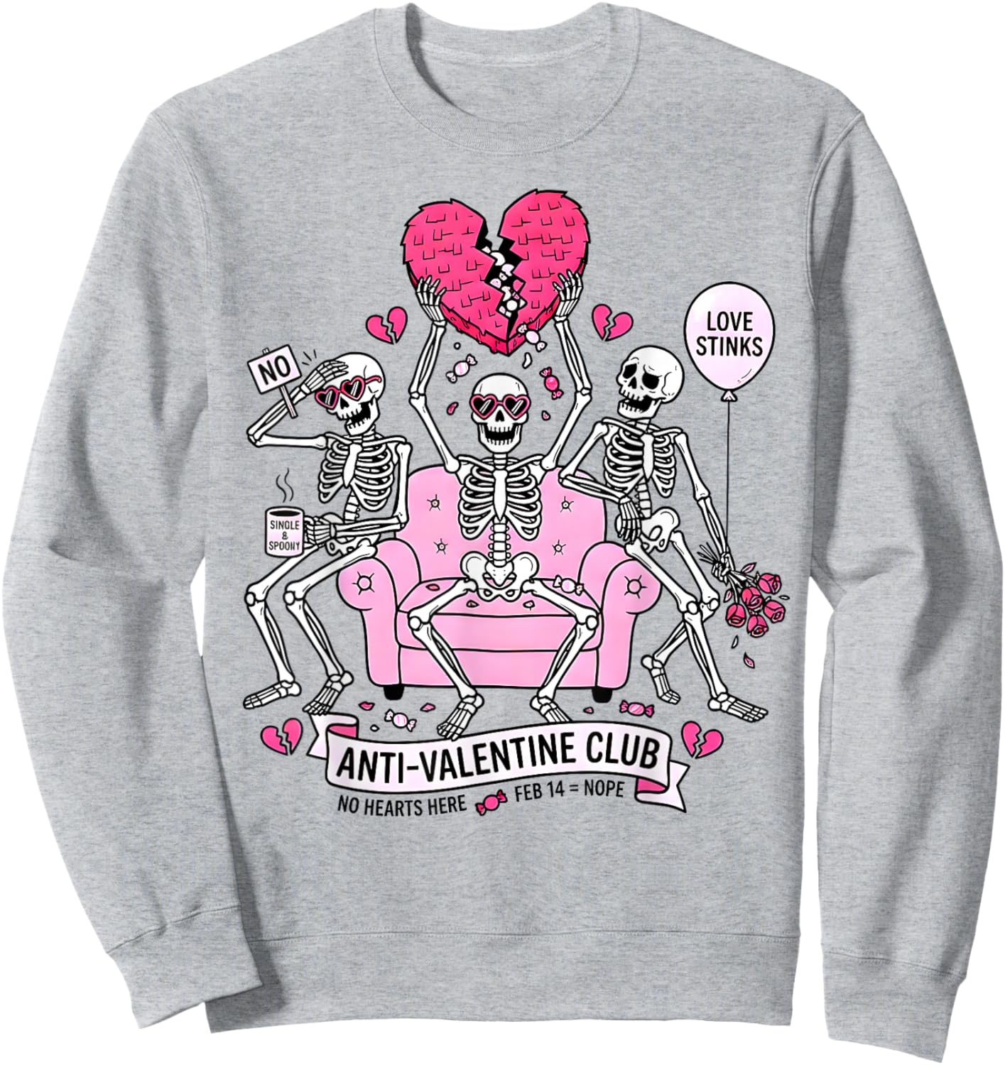 Anti Valentine Club Funny Skeleton Valentines Men Women Kid Sweatshirt - Sweatshirt | Ash