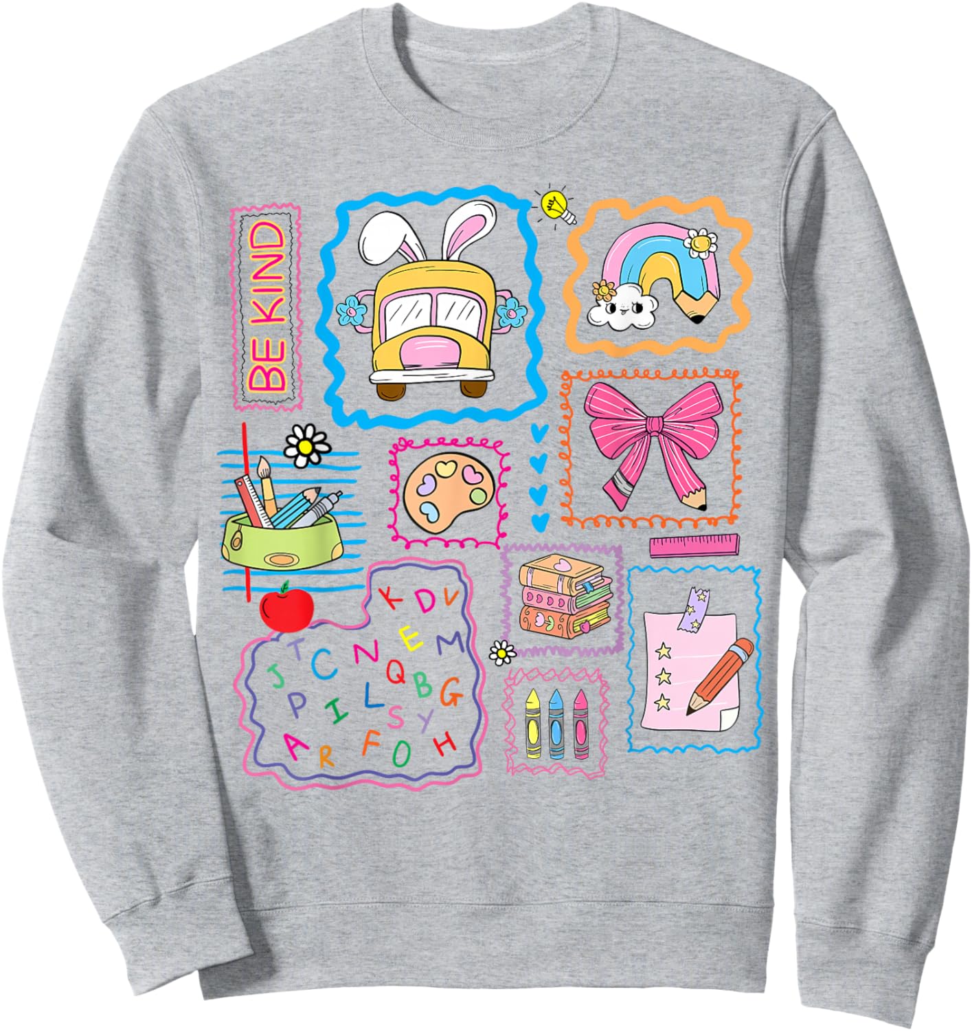 Be Kind School Girls Teacher Coquette Bow Bus Rainbow Crayon Sweatshirt - Sweatshirt | Ash