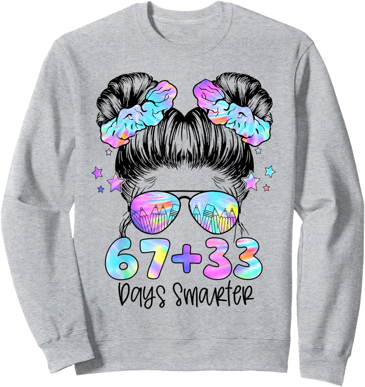 67 33 Days Smarter Messy Bun Girl 100th Day of School Kids Sweatshirt - Sweatshirt | Ash