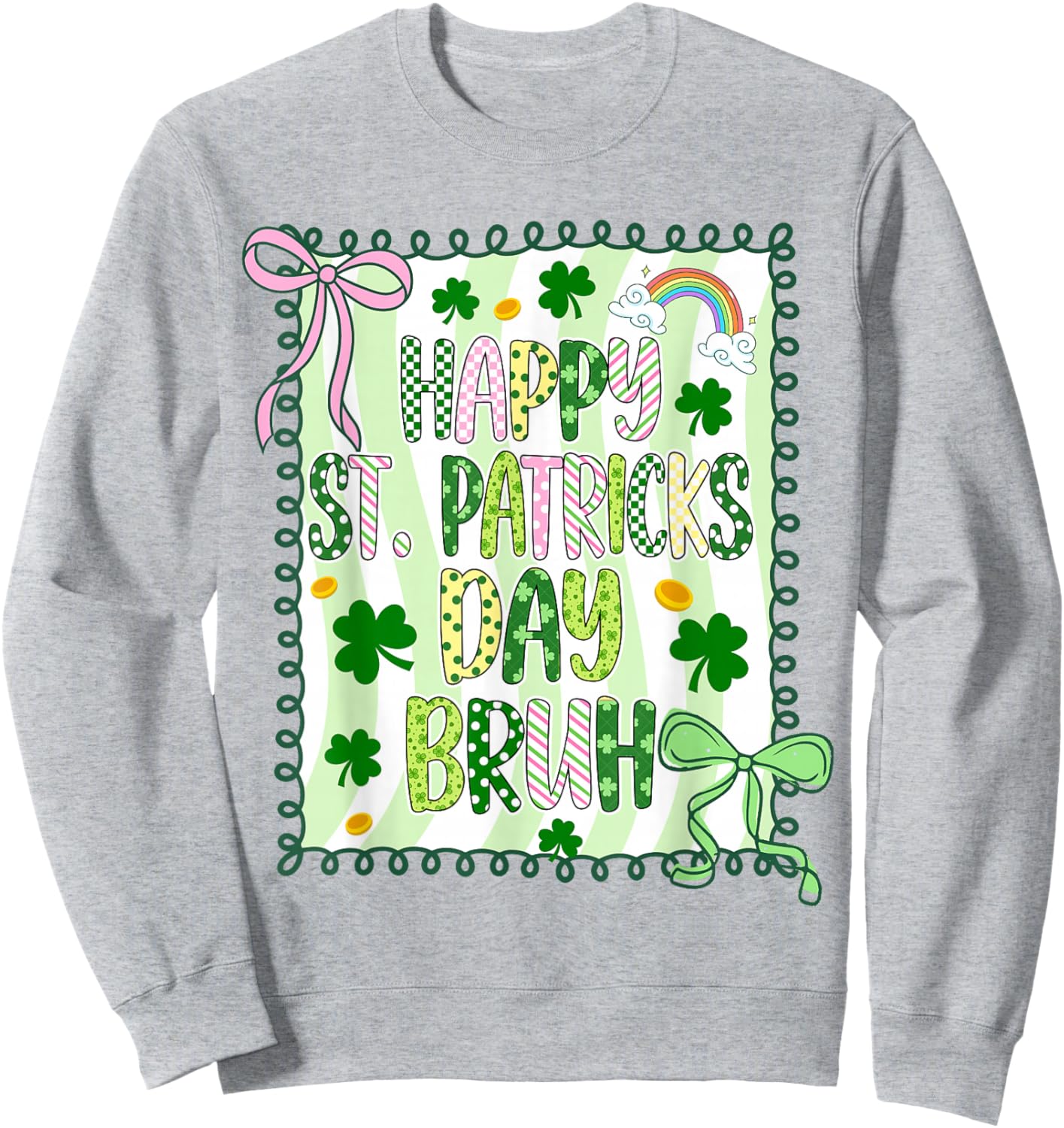 Bruh Happy St Patricks Day Kids Coquette Girls Bow Shamrock Sweatshirt - Sweatshirt | Ash