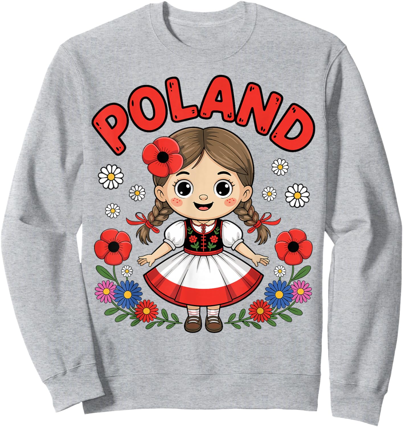 Cute Poland Girl Traditional Folk Dress with Flowers Kids Sweatshirt - Sweatshirt | Ash