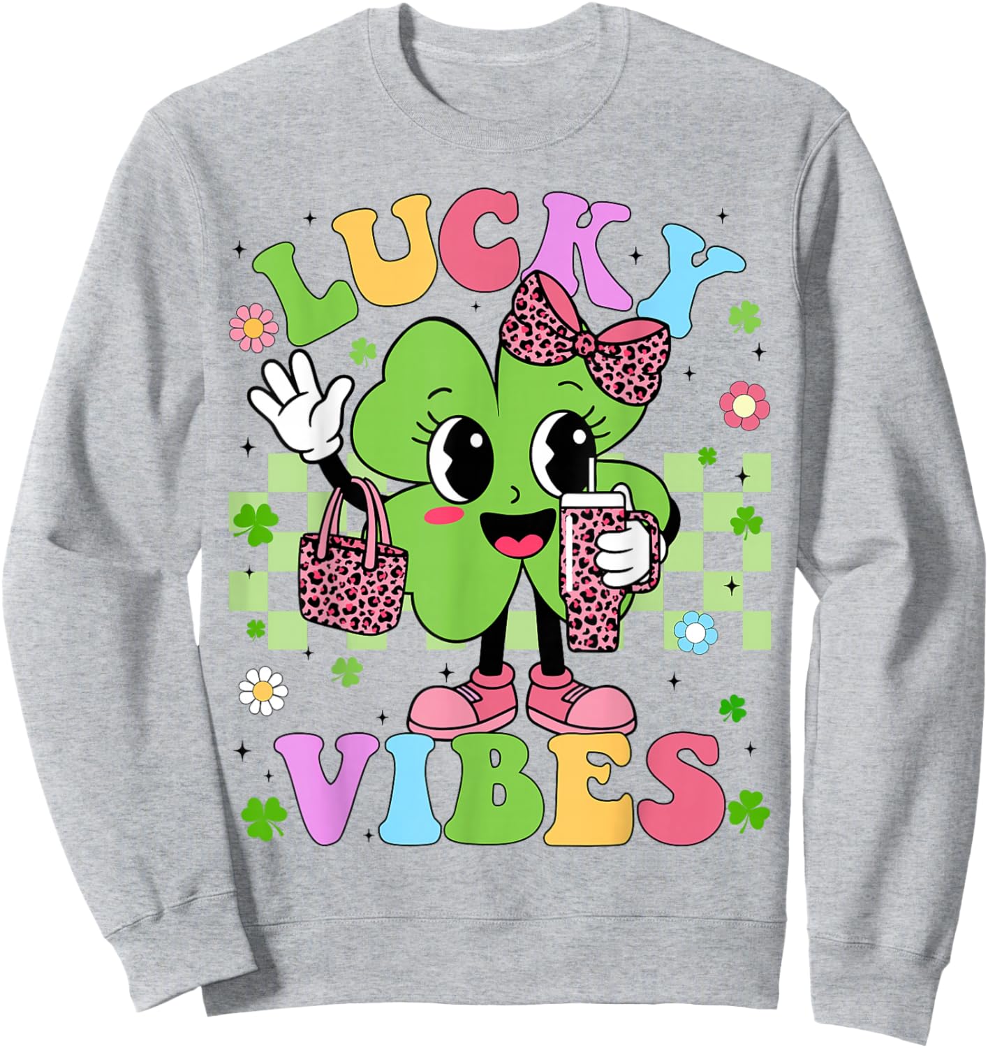 Lucky Vibes Cute Shamrock Leopard St Patricks Girl Kid Women Sweatshirt - Sweatshirt | Ash