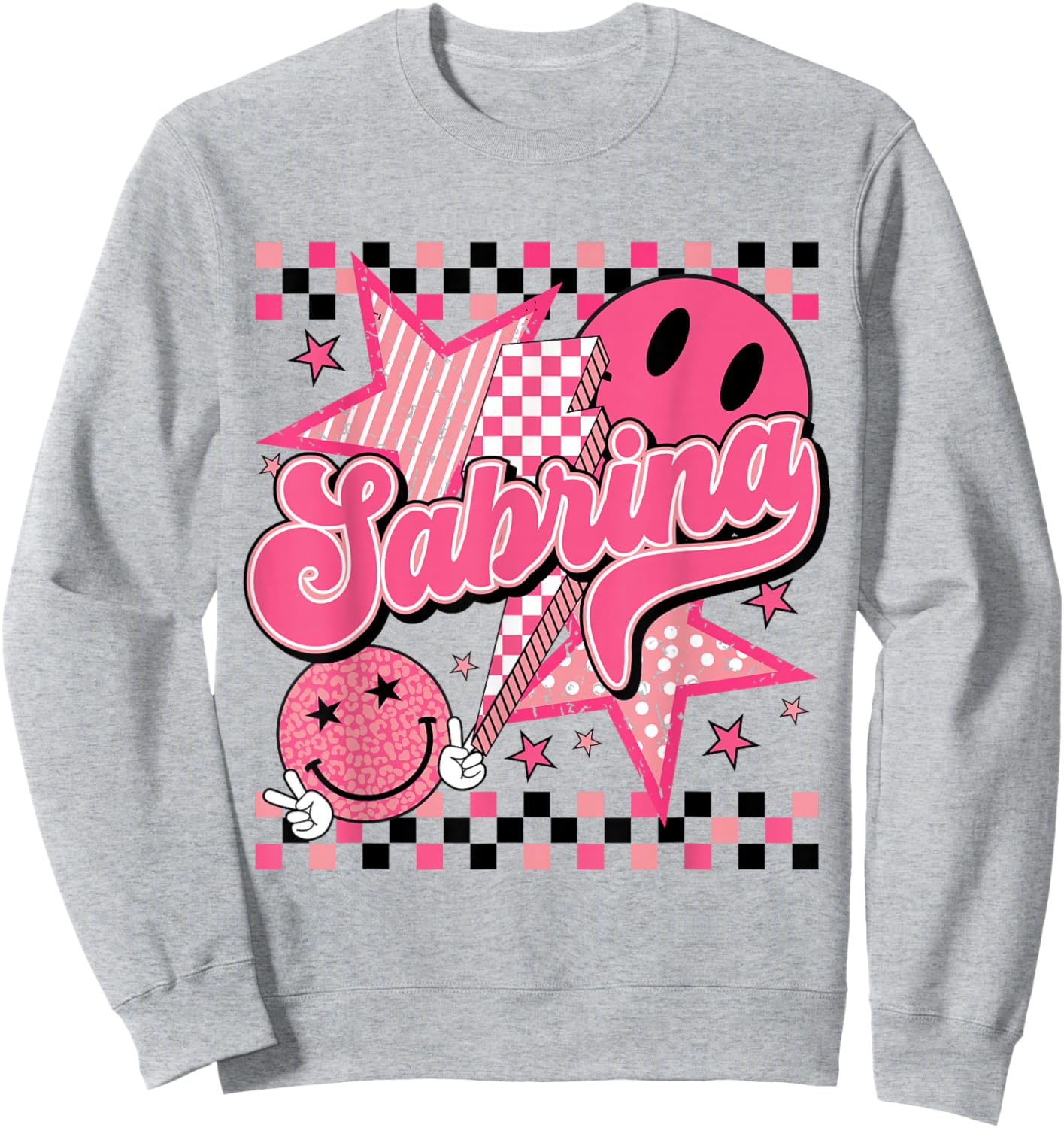 Sabrina First Name I Love Sabrina Checkered Groovy 80's Sweatshirt - Sweatshirt | Ash