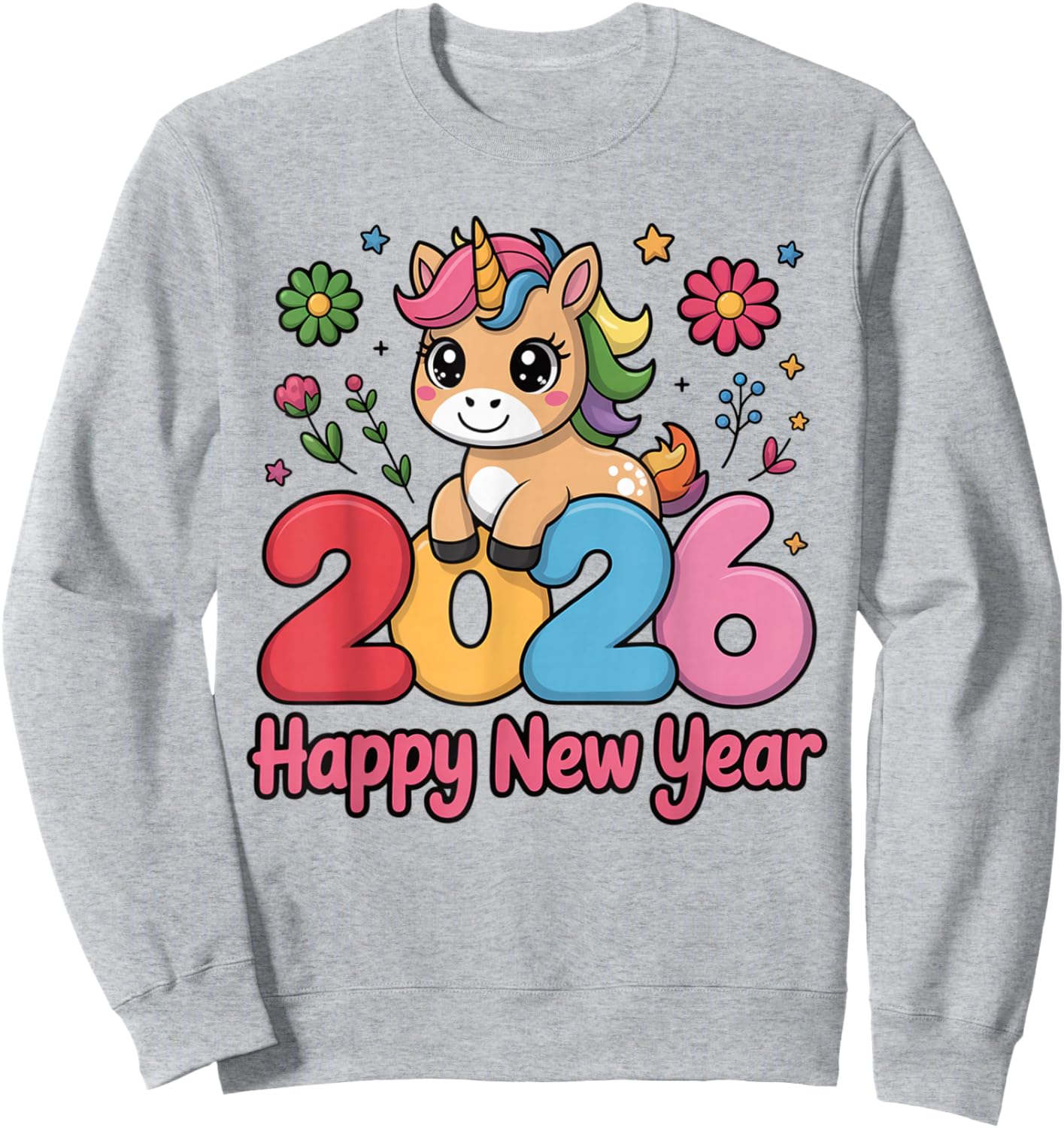 Cute Unicorn 2026 Horse Year Happy New Year Kawaii Kids Girl Sweatshirt - Sweatshirt | Ash
