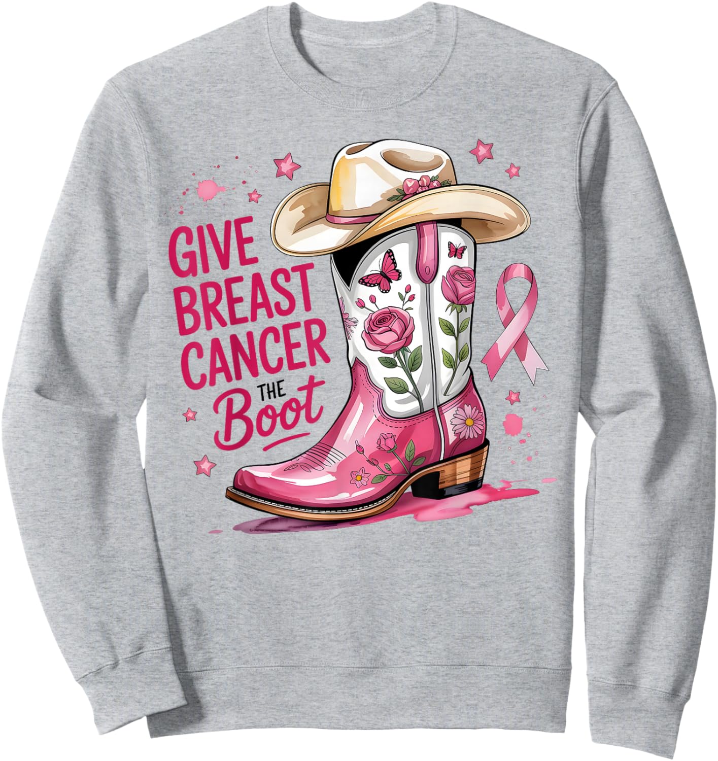 Give Breast Cancer The Boot Breast Cancer Pink Ribbon Women Sweatshirt - Sweatshirt | Ash