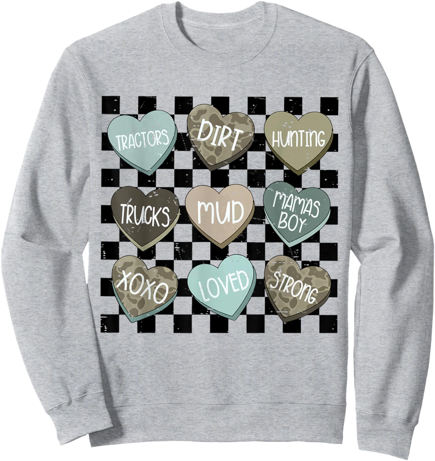 Retro Checkered Camo Hearts Valentine Loved XOXO Kids Boys Sweatshirt - Sweatshirt | Ash