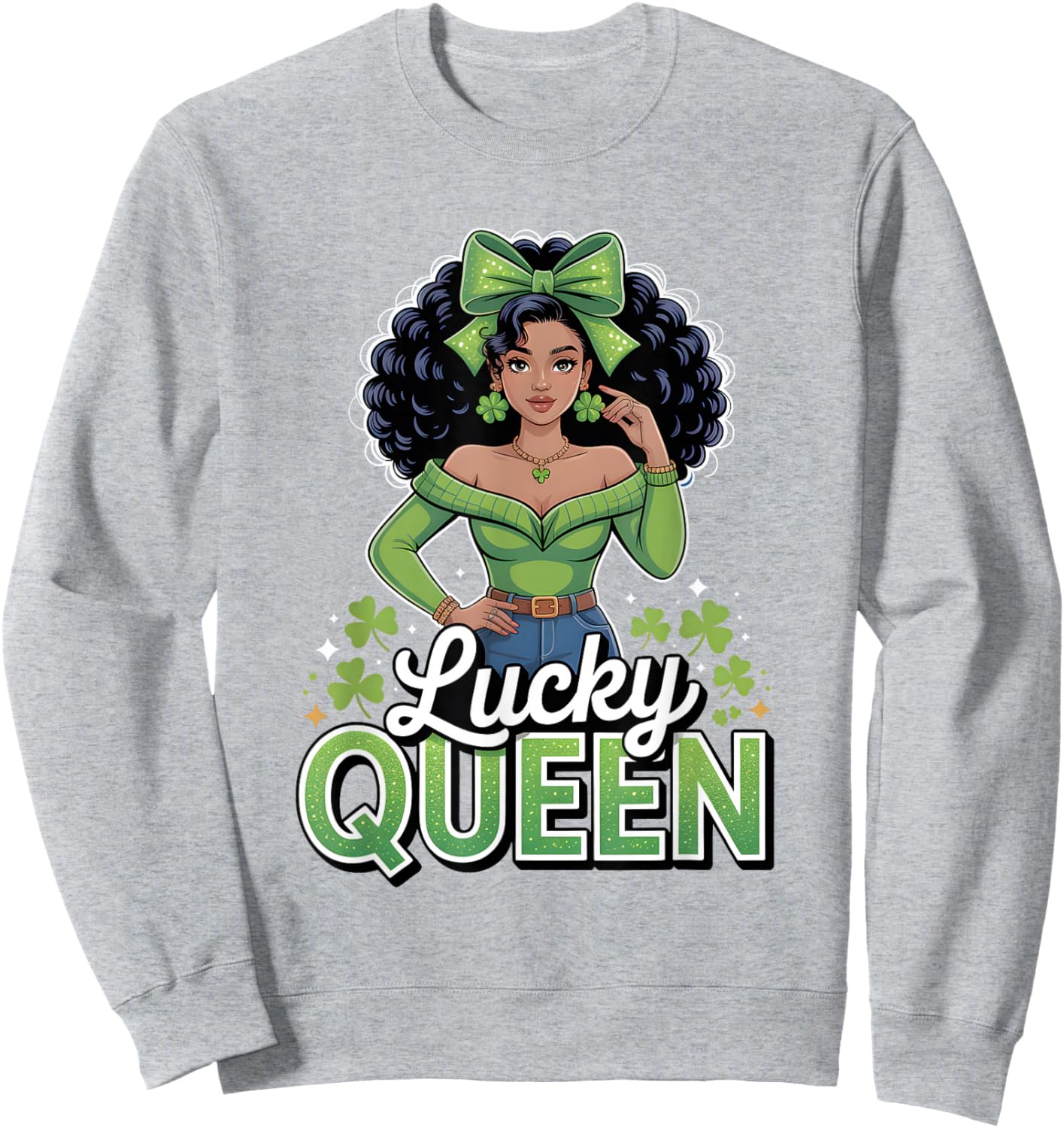 Lucky Queen St Patricks Day Black Girl Afro Shamrock Squad Sweatshirt - Sweatshirt | Ash