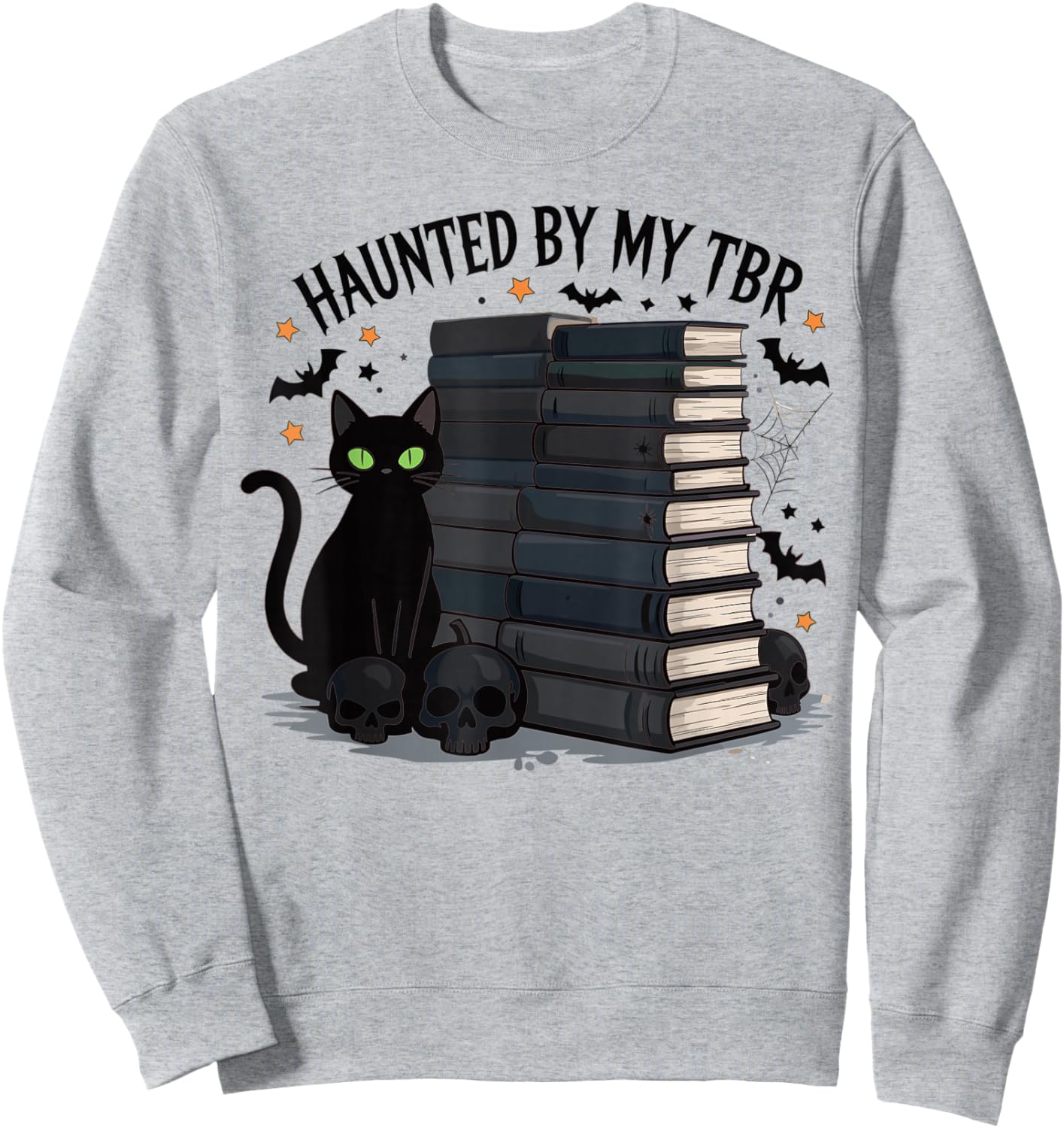 Haunted by My TBR Funny Black Cat Book Halloween Sweatshirt - Sweatshirt | Ash