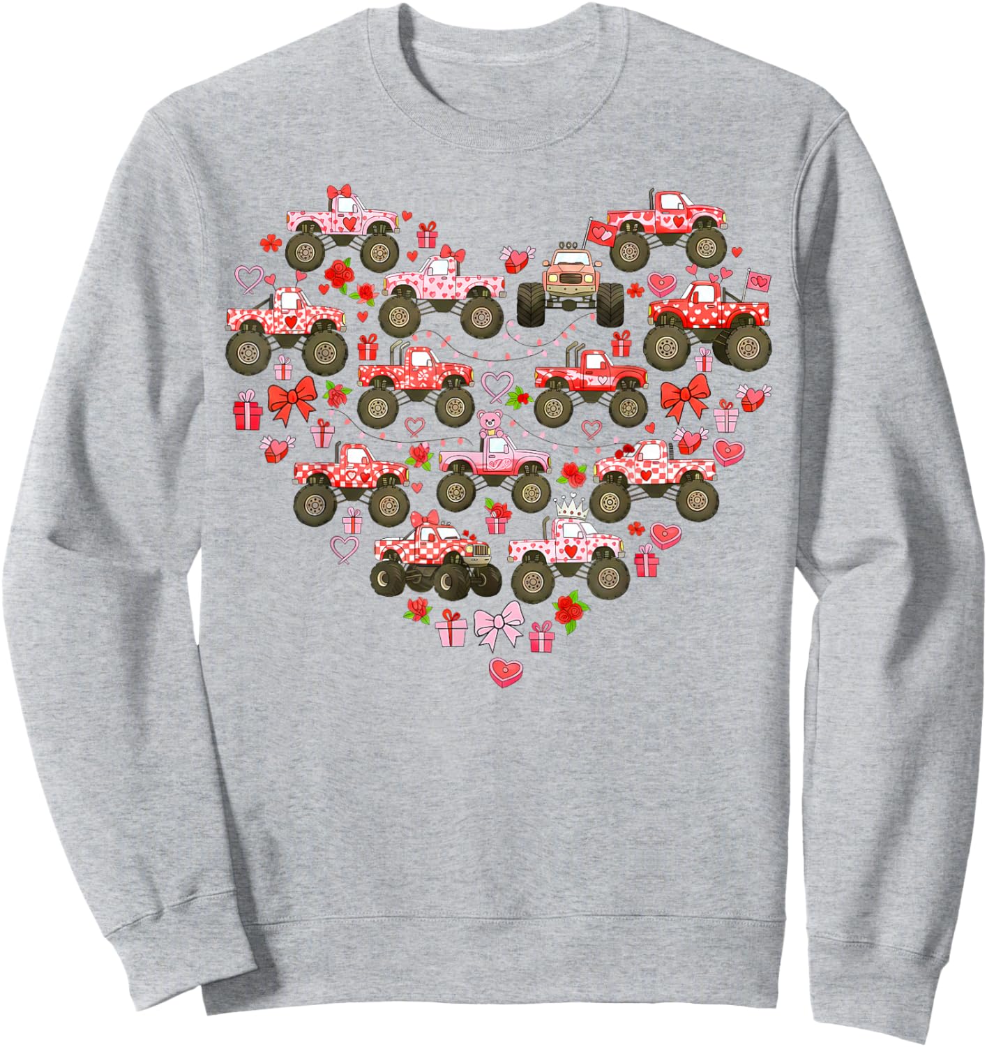 Pink Monster Truck Heart XOXO Boys Girls Kids Valentines Day Sweatshirt - Sweatshirt | Ash