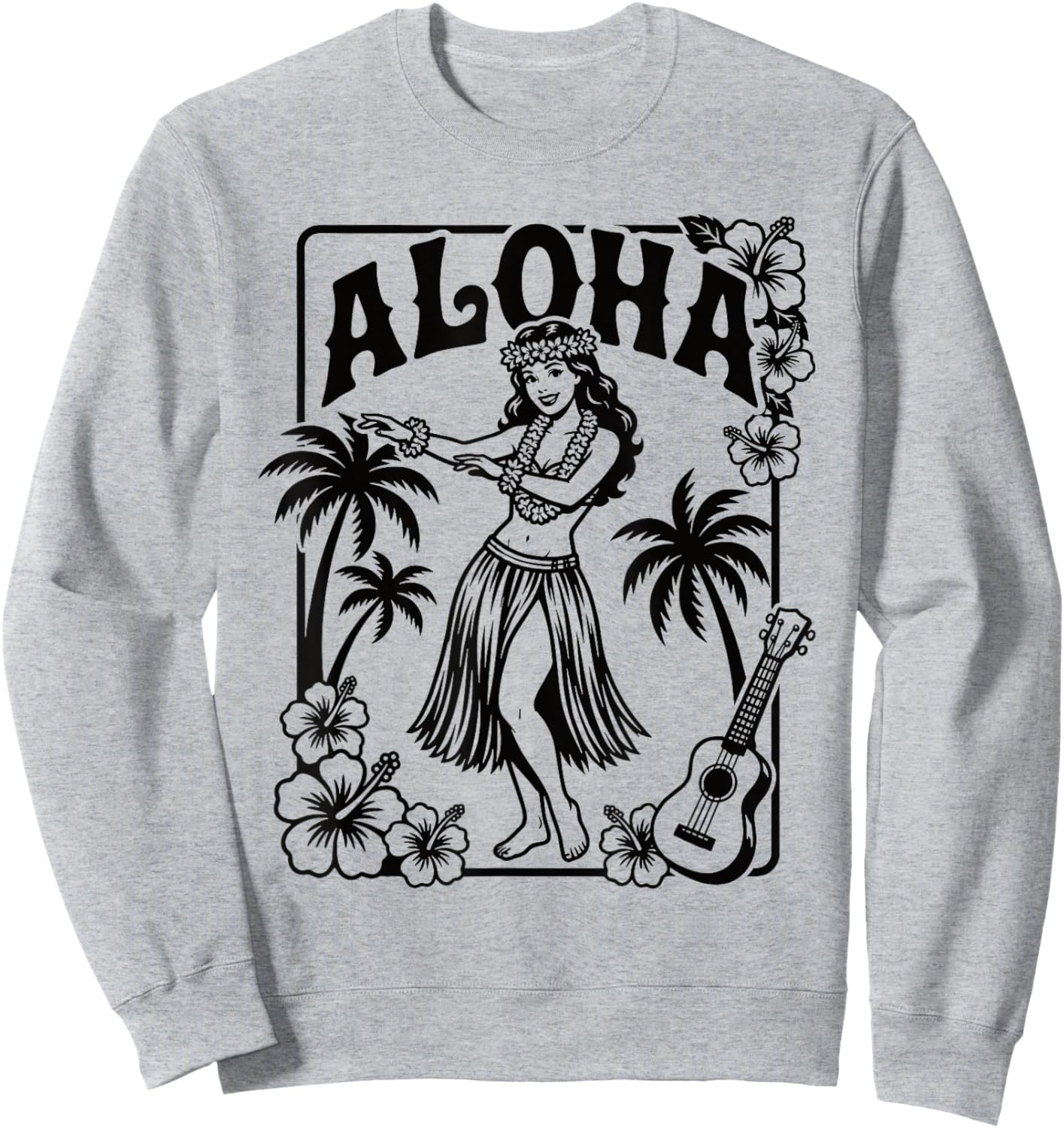 Aloha Hula Dancer Hibiscus Palm Trees Ukulele Retro Girl Art Sweatshirt - Sweatshirt | Ash