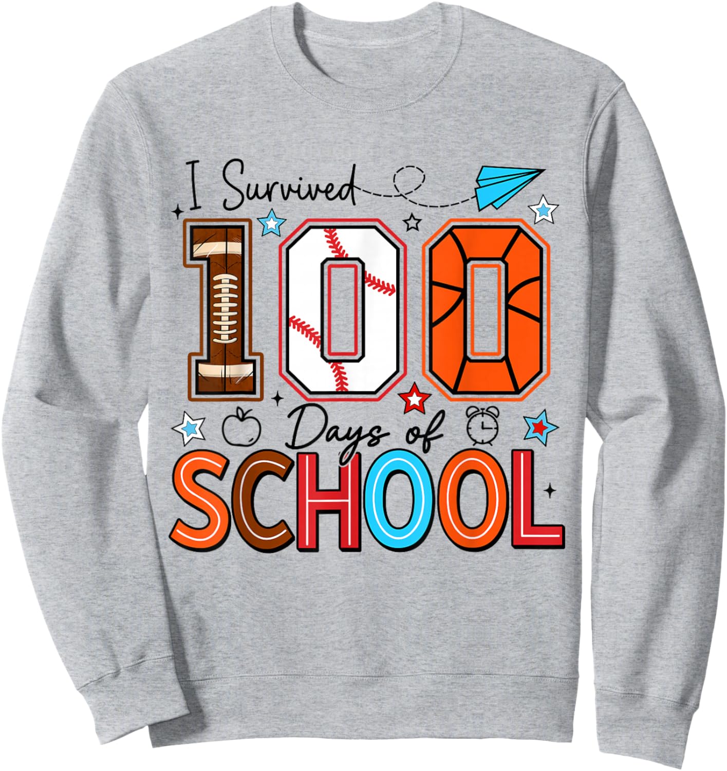 I Survived 100 Days Baseball Football Basketball School Kids Sweatshirt - Sweatshirt | Ash
