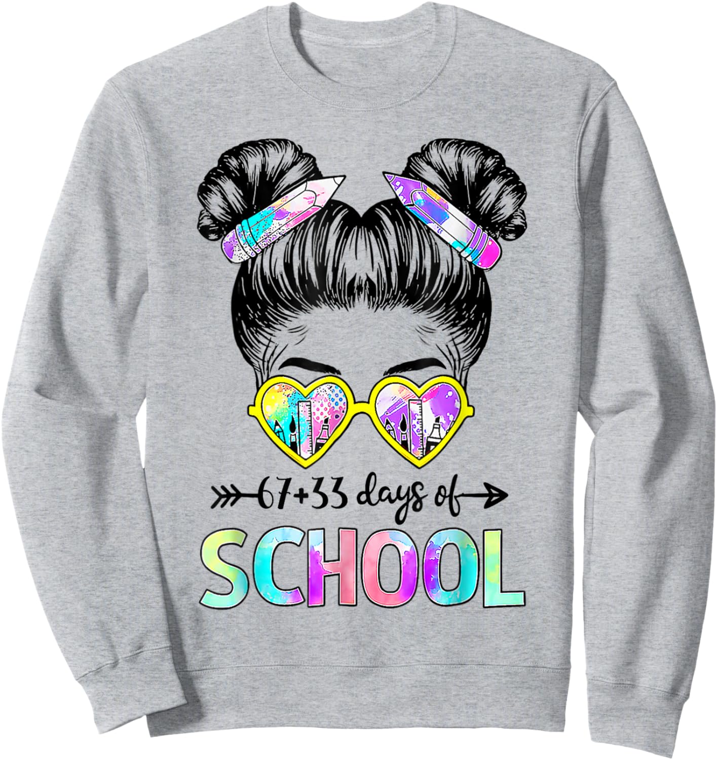 67 33 Days Smarter Girls Messy Bun Hair 100th Day of School Sweatshirt - Sweatshirt | Ash