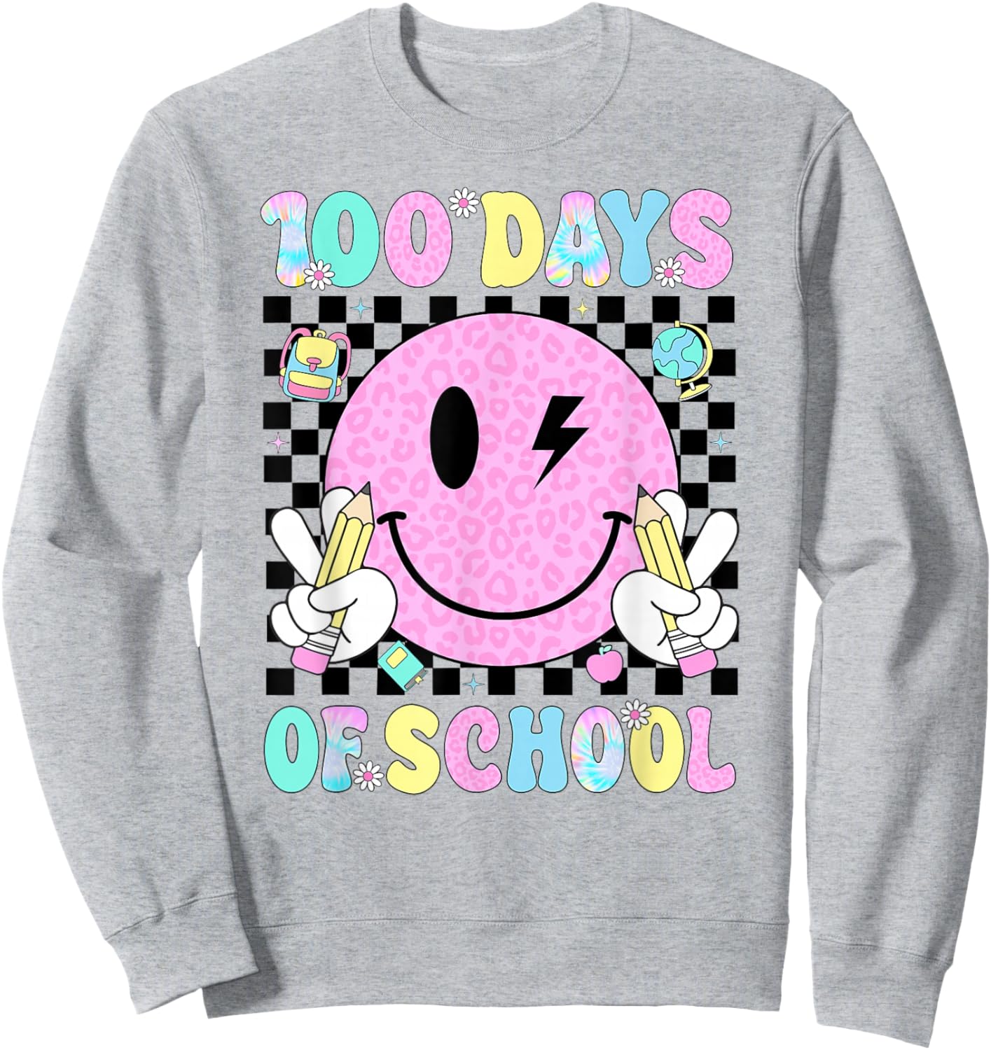 100 Days of School Retro Smile Face Teacher Kids 100th Day Sweatshirt - Sweatshirt | Ash