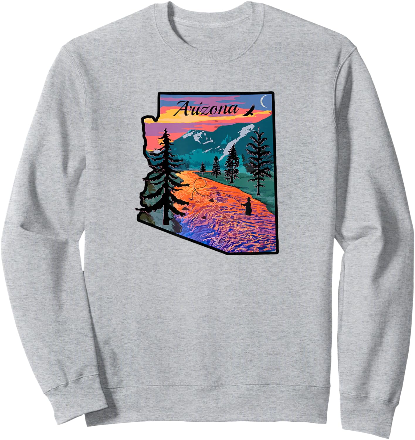 Arizona Fly Fishing Retro Sunset State Outline Sweatshirt - Sweatshirt | Ash
