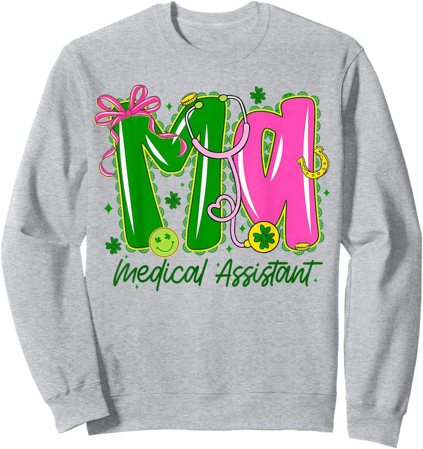 Medical Assistant MA Bow Shamrock Stethoscope Irish Nurse Sweatshirt - Sweatshirt | Ash
