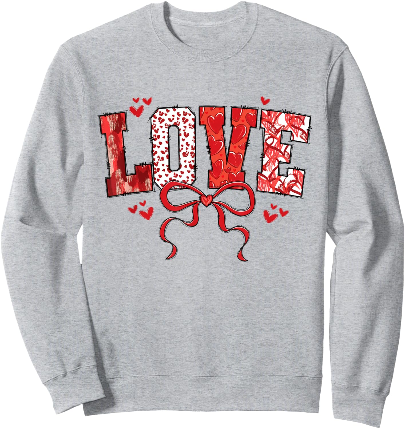 Love Bow Hearts Patchwork Style Cute Valentine Text Sweatshirt - Sweatshirt | Ash