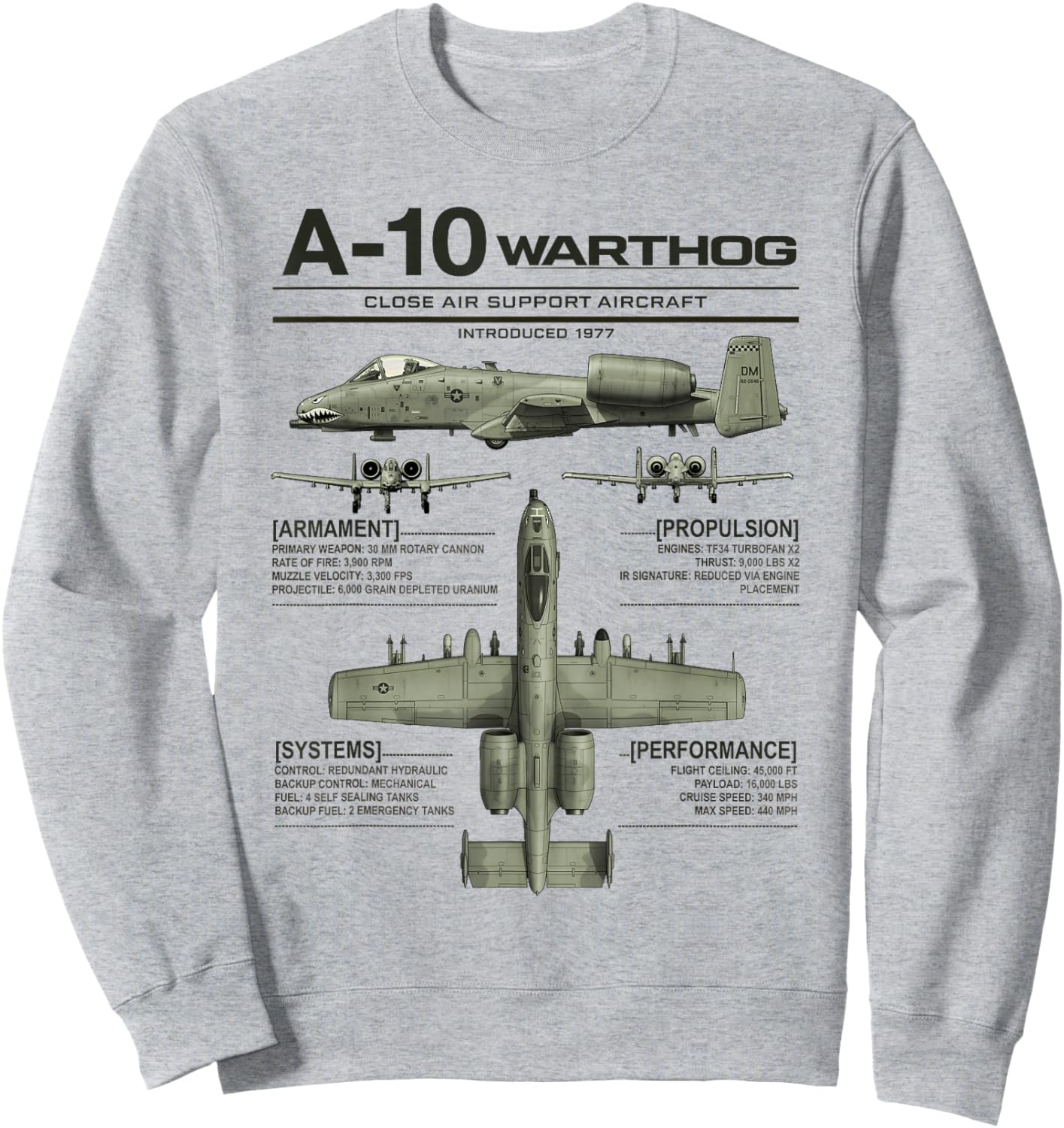 A-10 Warthog Military Jet Spec Infographic Dark Olive Green Sweatshirt - Sweatshirt | Ash