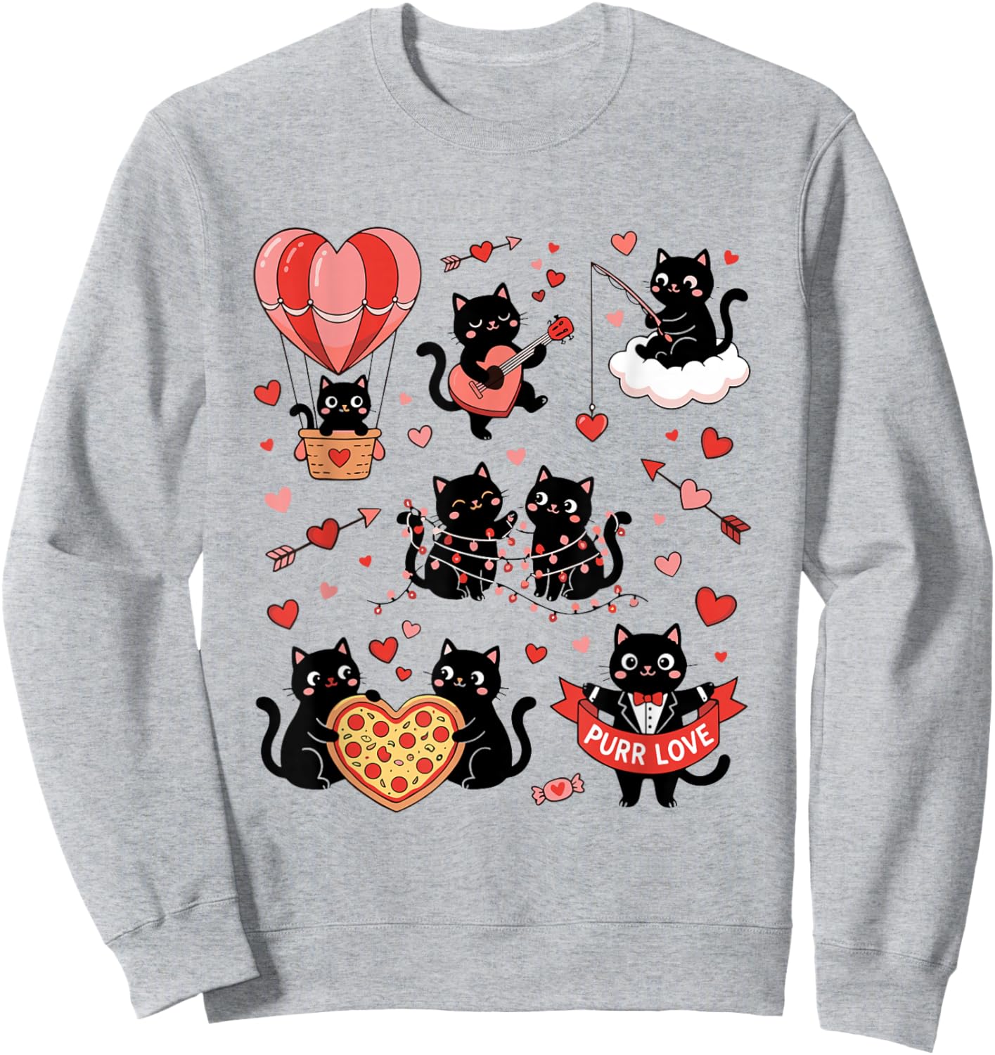 Retro Black Cat Heart Valentines Day Cute Kitten Lover Sweatshirt - Sweatshirt | Ash